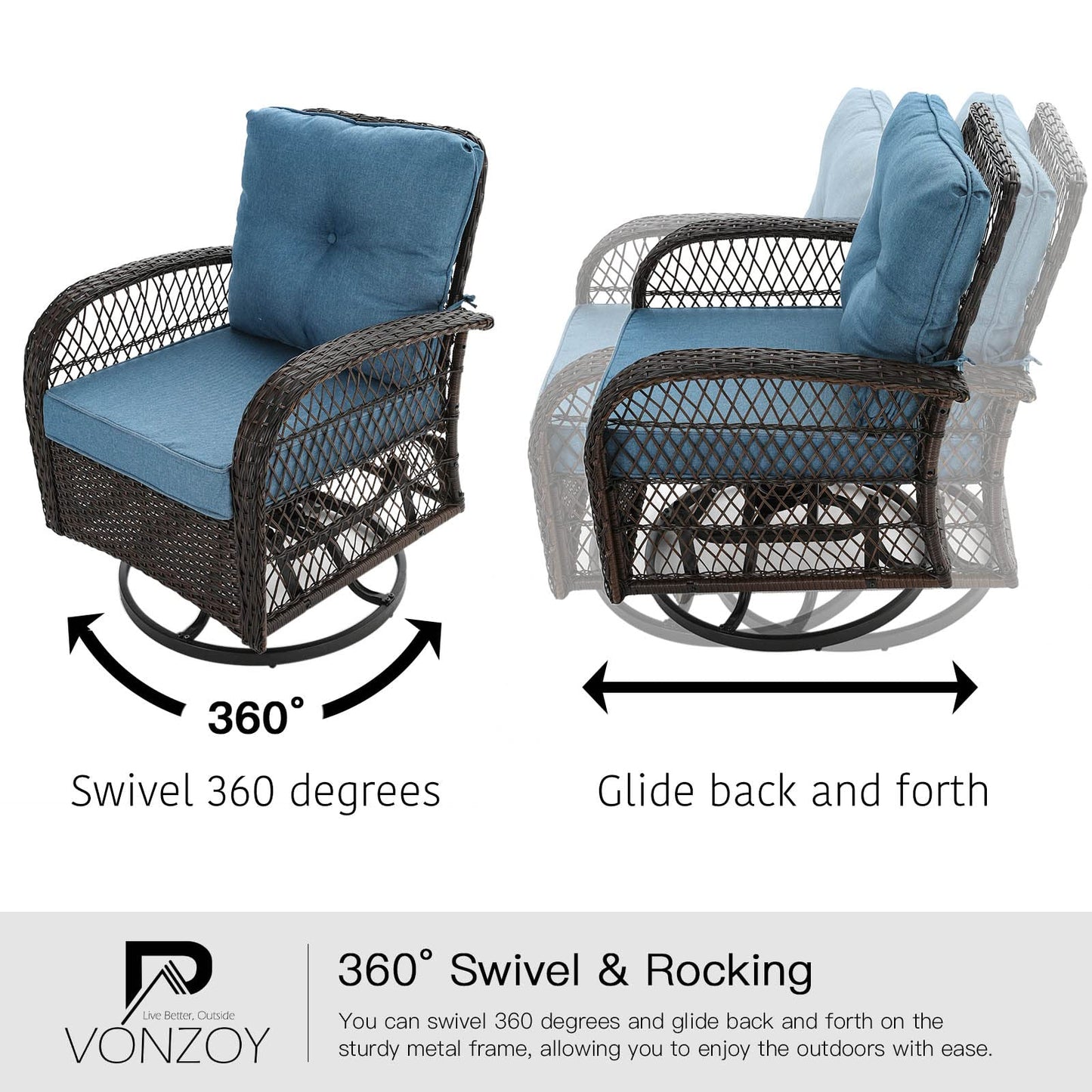 VONZOY 3 Pieces Patio Furniture Set, Outdoor Swivel Glider Rocker, Wicker Patio Bistro Set with Rocking Chair, Thickened Cushions and Table for Porch (Blue)