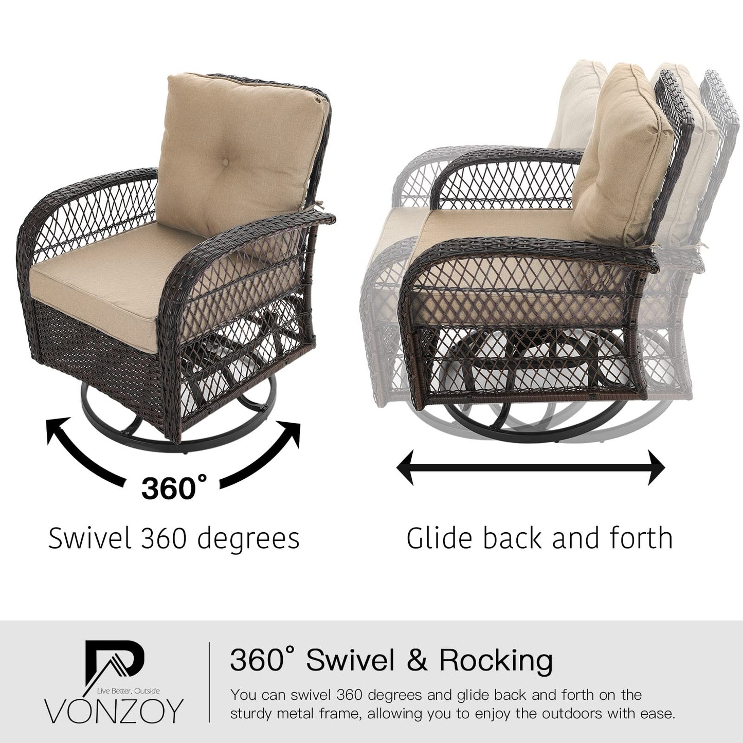 VONZOY 3 Pieces Patio Furniture Set, Outdoor Swivel Glider Rocker, Wicker Patio Bistro Set with Rocking Chair, Thickened Cushions and Table for Porch (Khaki)