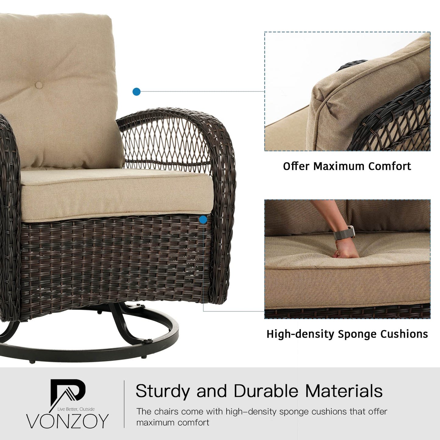 VONZOY 3 Pieces Patio Furniture Set, Outdoor Swivel Glider Rocker, Wicker Patio Bistro Set with Rocking Chair, Thickened Cushions and Table for Porch (Khaki)