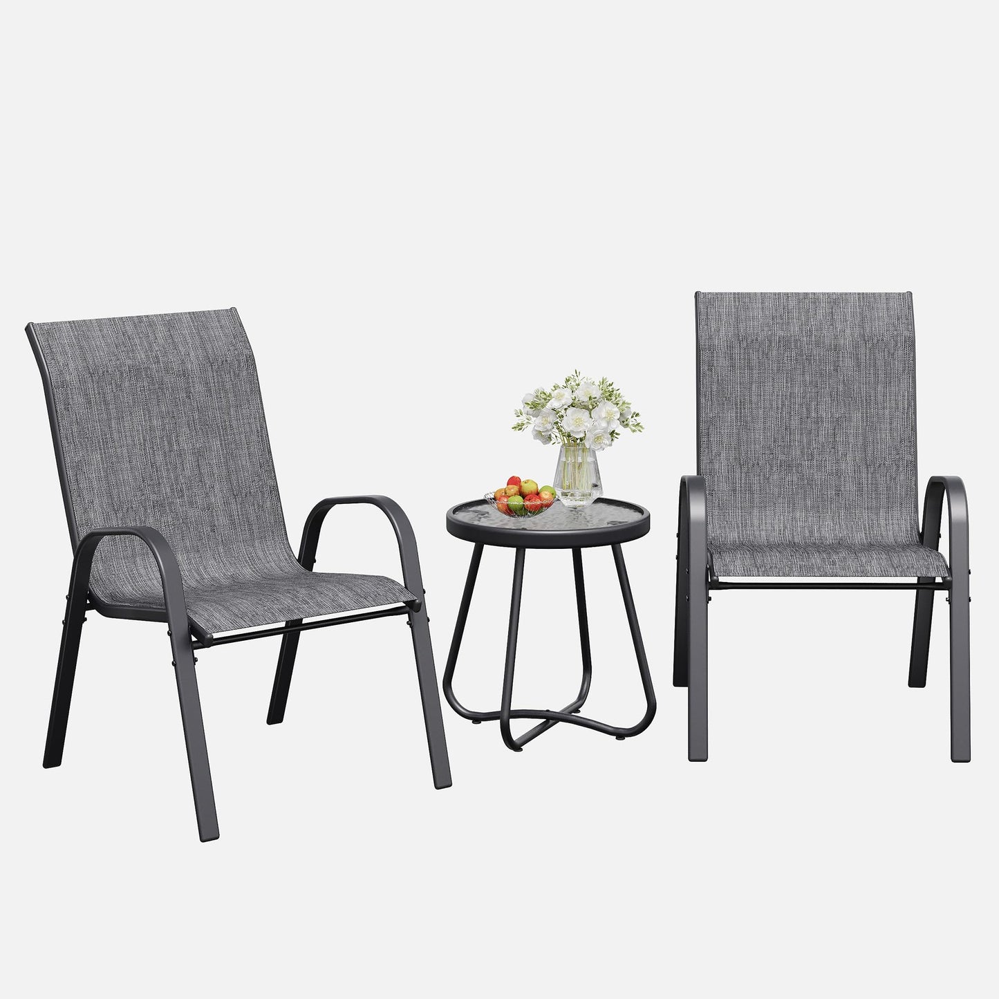 Patio Table And Chairs Set - 3 Piece Outdoor Stackable Dinging Chairs For All Weather,Breathable Garden Furniture For Deck Garden Backyard (Light Grey)
