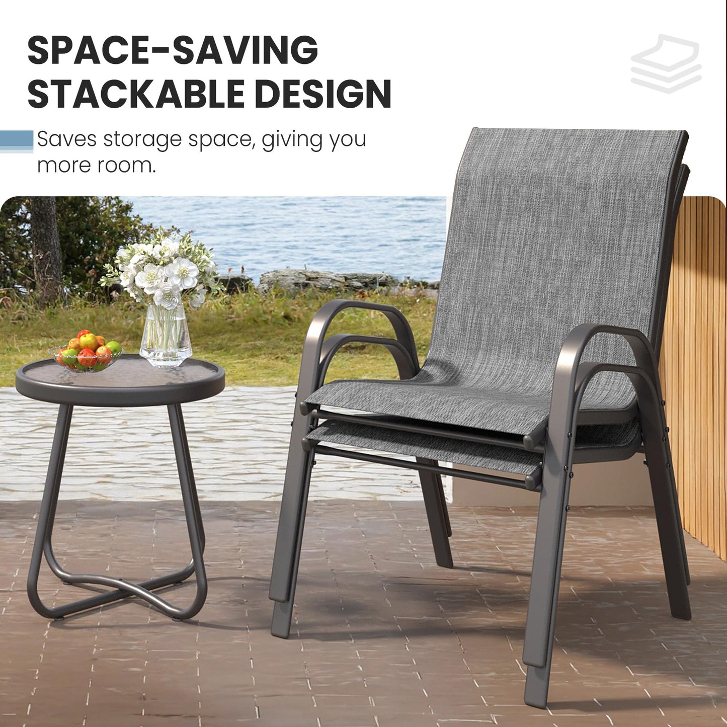 Patio Table And Chairs Set - 3 Piece Outdoor Stackable Dinging Chairs For All Weather,Breathable Garden Furniture For Deck Garden Backyard (Light Grey)