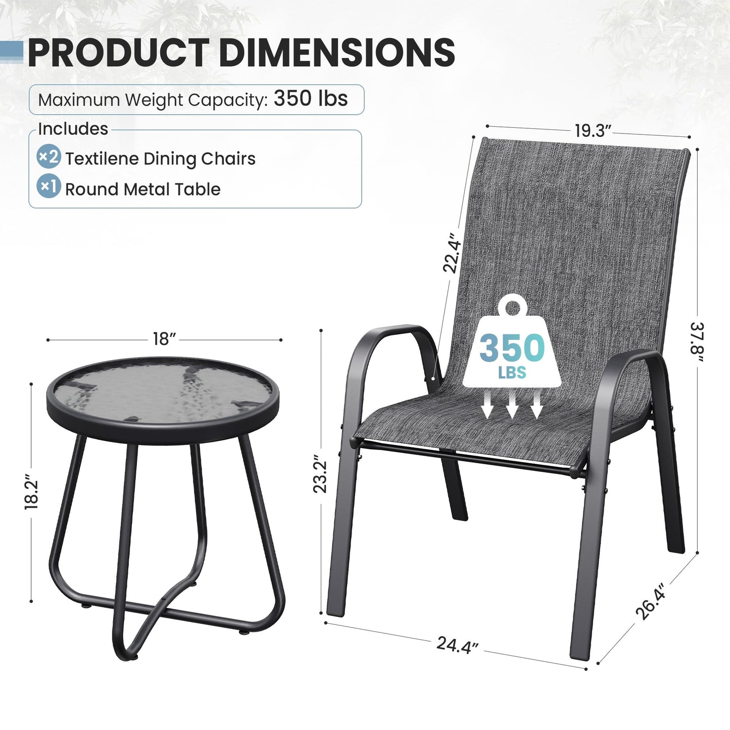 Patio Table and Chairs Set - 3 Piece Outdoor Stackable Dinging Chairs for All Weather,Breathable Garden Furniture for Deck Garden Backyard (Dark Grey)
