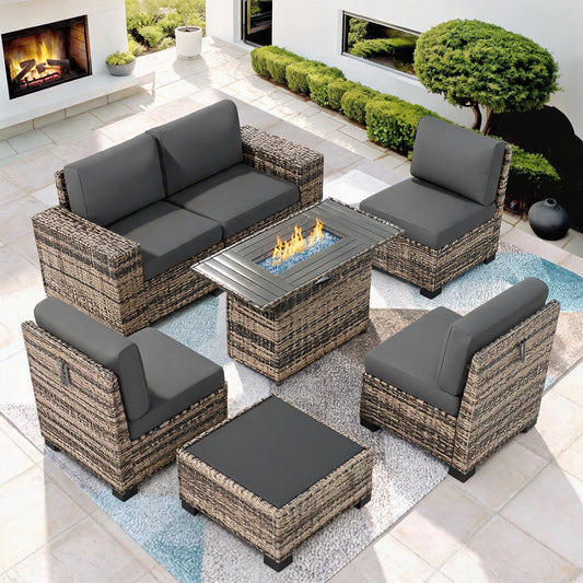 Patio Furniture Set with 44'' Fire Pit Table, 7 Pcs Outdoor Sectional Sofa