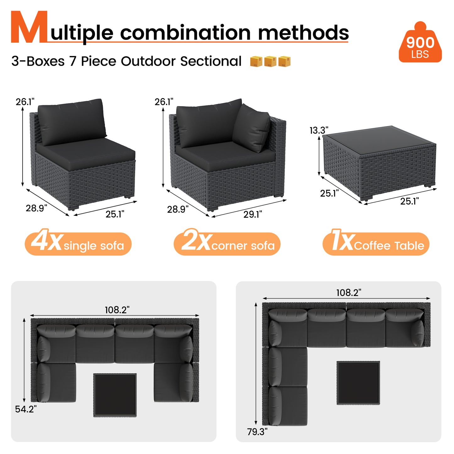 VONZOY 8 Piece Patio Furniture Set with 43" Fire Pit Table, Outdoor Sectional Wicker Rattan Sofa Set with Coffee Table (Black/Black)