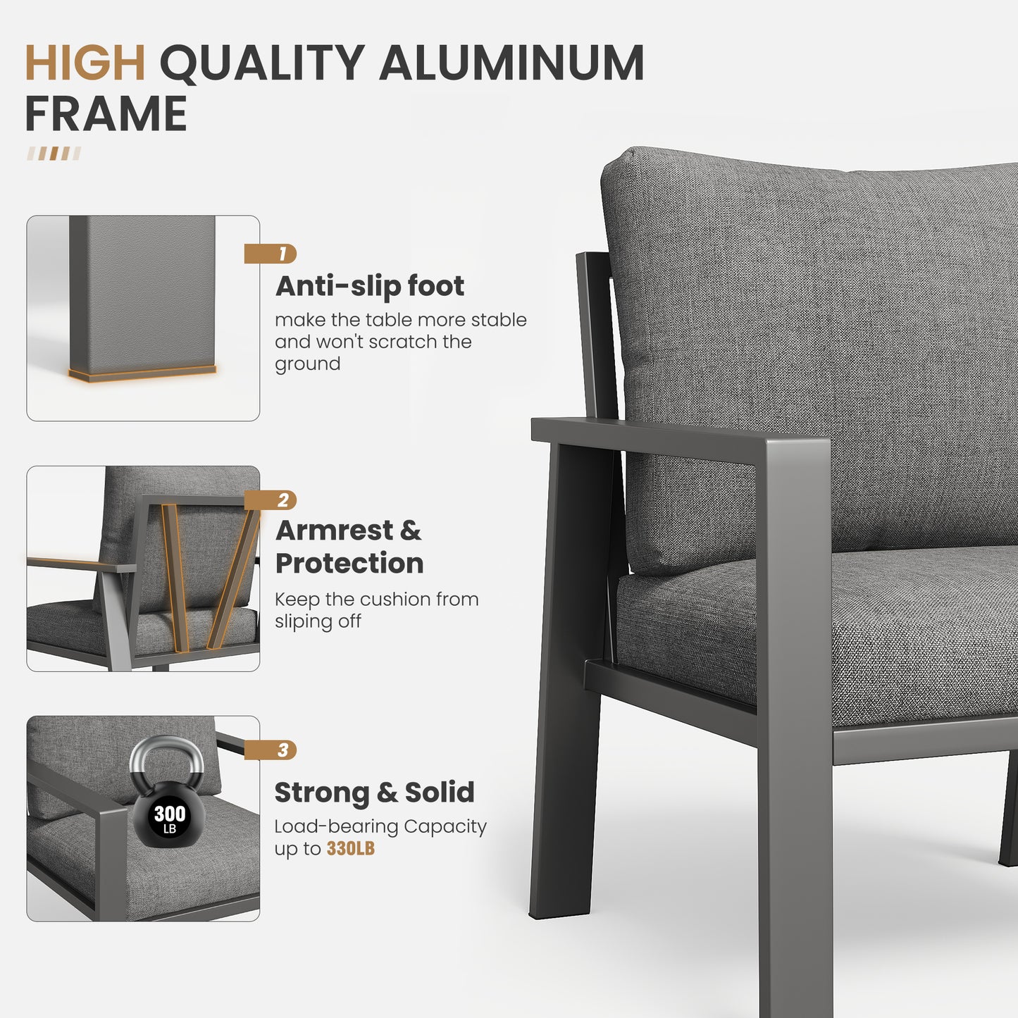 4-Piece Aluminum Patio Conversation Sets All-Weather Sectional Outdoor Furniture Set with Coffee Table & Cushions with Removable Covers for for Backyard, Garden and Poolside Easy Assembly(Gray)
