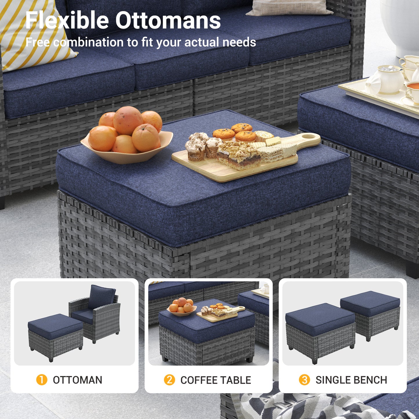 VONZOY Patio Furniture Sets, 6 Pieces Patio Outdoor Sectional Furniture, Wicker Rattan Conversation Sofa with Rocking Chair, Ottomans, Side Table, Navy Blue Cushion