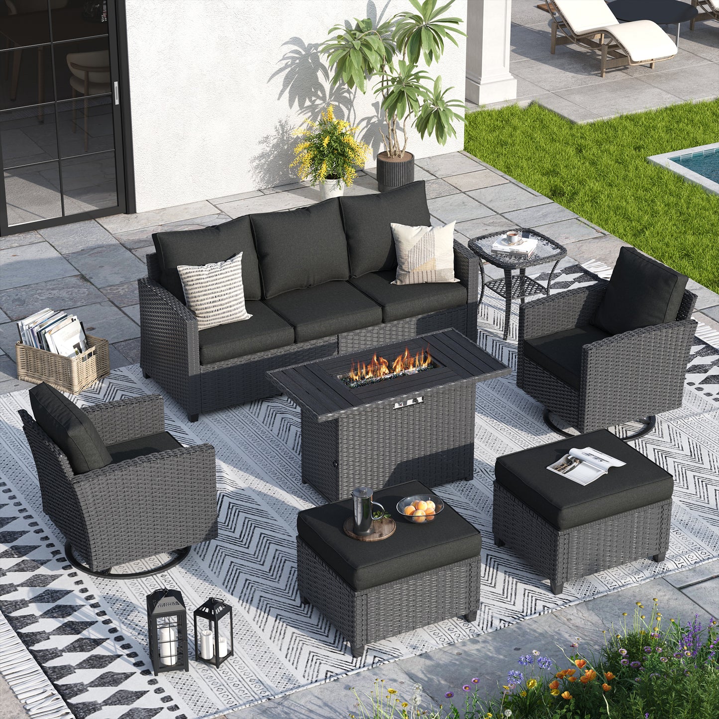VONZOY 7 Pcs Outdoor Furniture with 44" Fire Pit Table, Rattan Patio Conversation Sets with Swivel Chair, Gas Fire Pit, Ottomans, Side Table, 4" Thick Cushion, for Backyard Garden Deck.Black