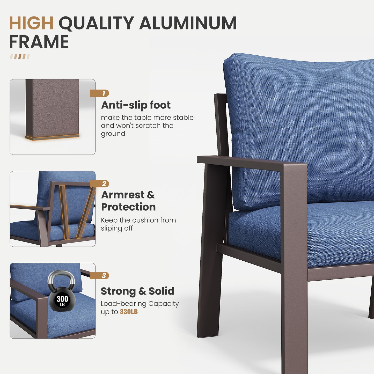 5-Piece Outdoor Furniture All-Weather Aluminum Patio Conversation Set with Coffee Table Rust-Proof Sectional Sofa Set with Removable Cushion for Deck, Backyard, Poolside & Small Spaces