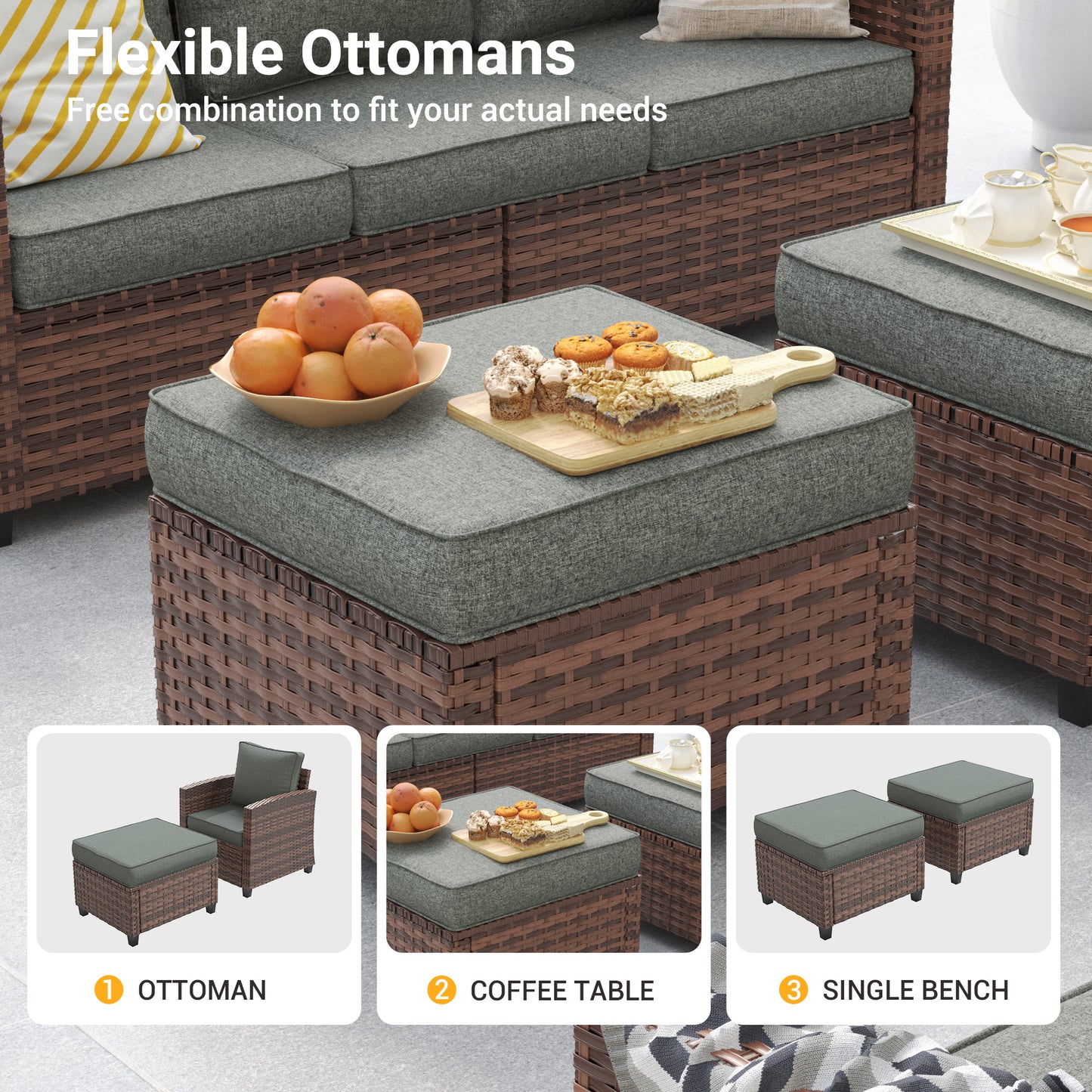 VONZOY Patio Furniture Sets, 6 Pieces Patio Outdoor Sectional Furniture, Wicker Rattan Conversation Sofa with Rocking Chair, Ottomans, Side Table, Dark Grey Cushion