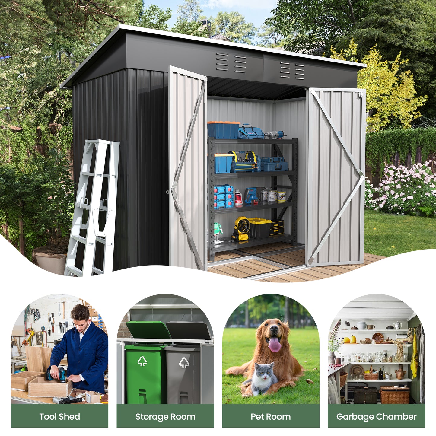 VONZOY 8x4FT Outdoor Storage Shed, Galvanized Steel Outdoor Storage Shed Metal Garden Shed with Lockable Door for Bike, Garbage Can,Tool Shed for Patio, Backyard, Lawn(Grey)