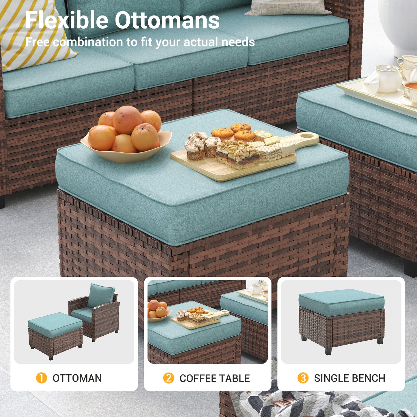 VONZOY Patio Furniture Sets, 6 Pieces Outdoor Sectional Furniture, Wicker Rattan Conversation Sofa with Rocking Chair, Ottomans, Side Table, Light Blue Cushion