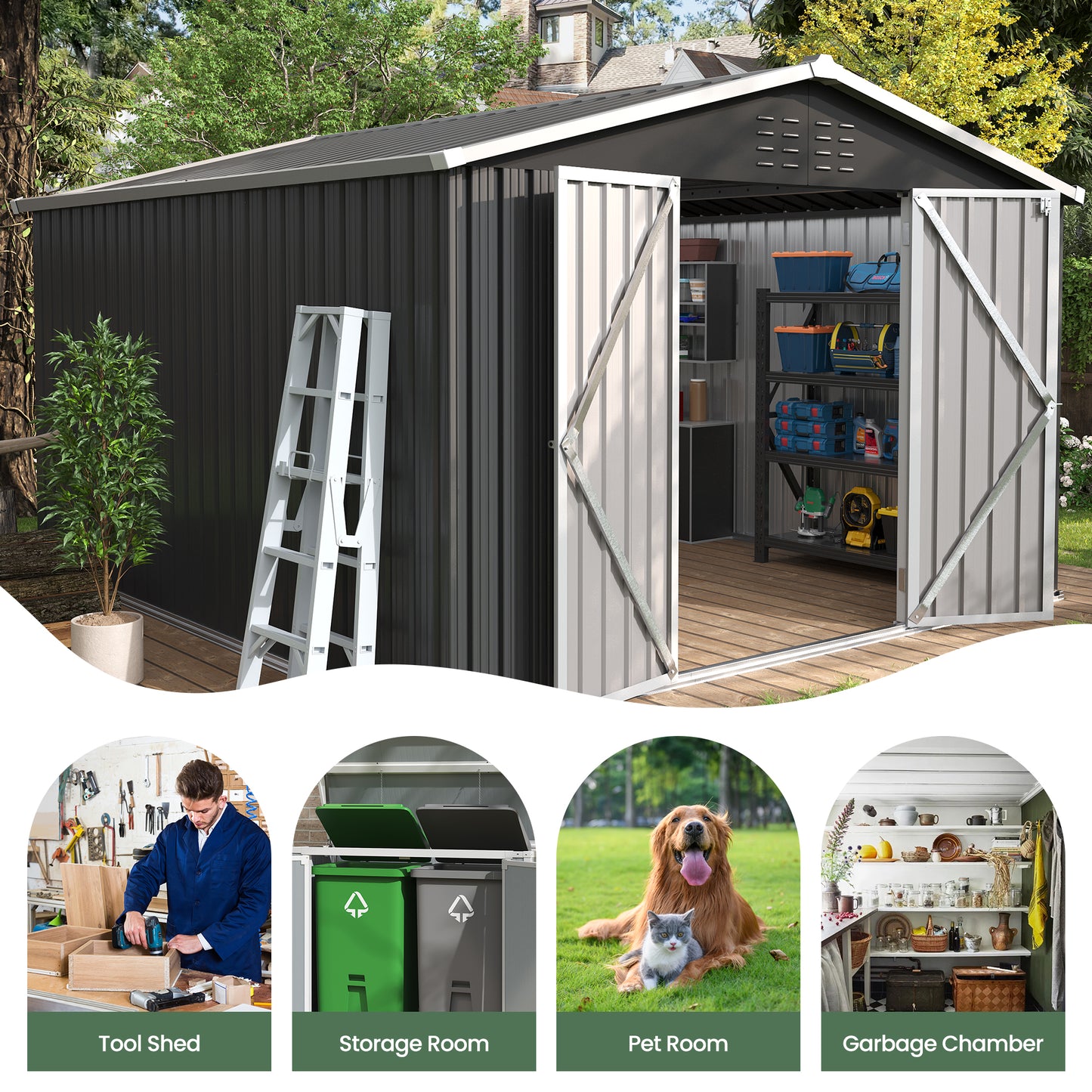 VONZOY 10x12 FT Outdoor Storage Shed, Metal Shed Garden Shed with Lockable Door for Bike, Garbage Can, Tool Shed for Backyard, Patio, Lawn(Grey)