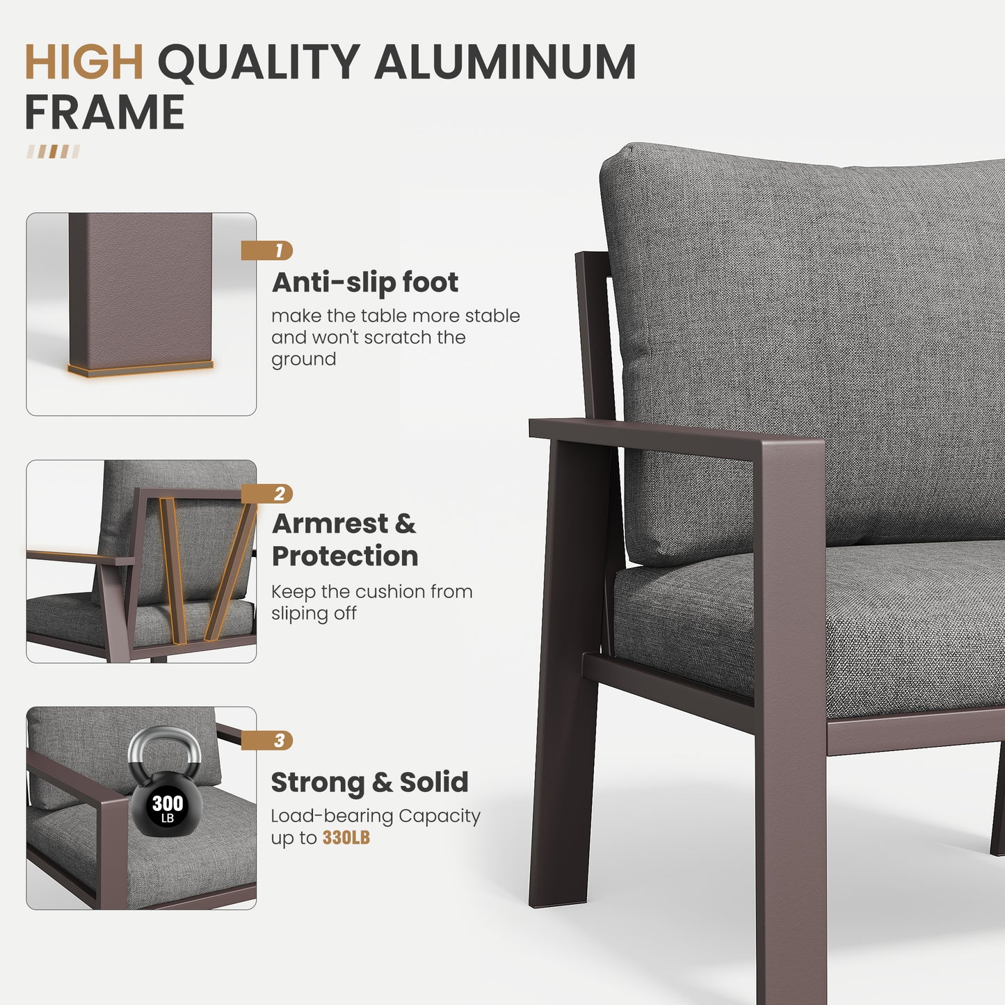Aluminum Patio Conversation Set with Coffee Table Deck Outdoor Furniture All-Weather Rust-Proof 6-Piece Sectional Sofa Set with Removable Cushion for Backyard, Poolside & Small Spaces