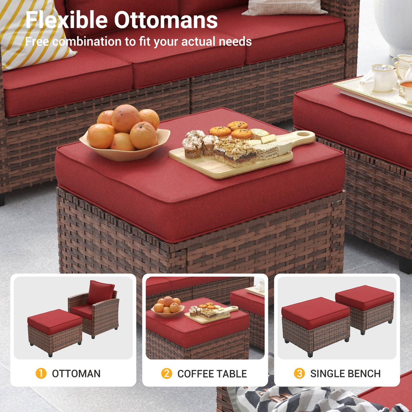VONZOY Patio Furniture Sets, 6 Pieces Patio Outdoor Sectional Furniture, Wicker Rattan Conversation Sofa with Rocking Chair, Ottomans, Side Table, Wine Red Cushion