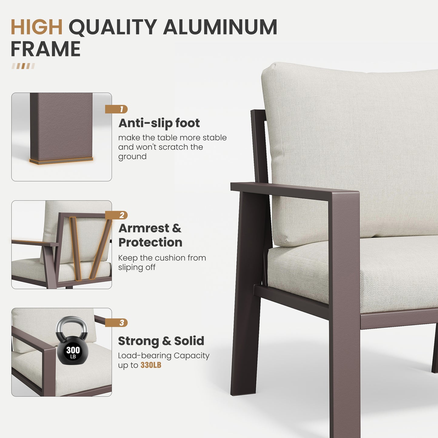 Aluminum Patio Conversation Set with Coffee Table Deck Outdoor Furniture All-Weather Rust-Proof 6-Piece Sectional Sofa Set with Removable Cushion for Backyard, Poolside & Small Spaces