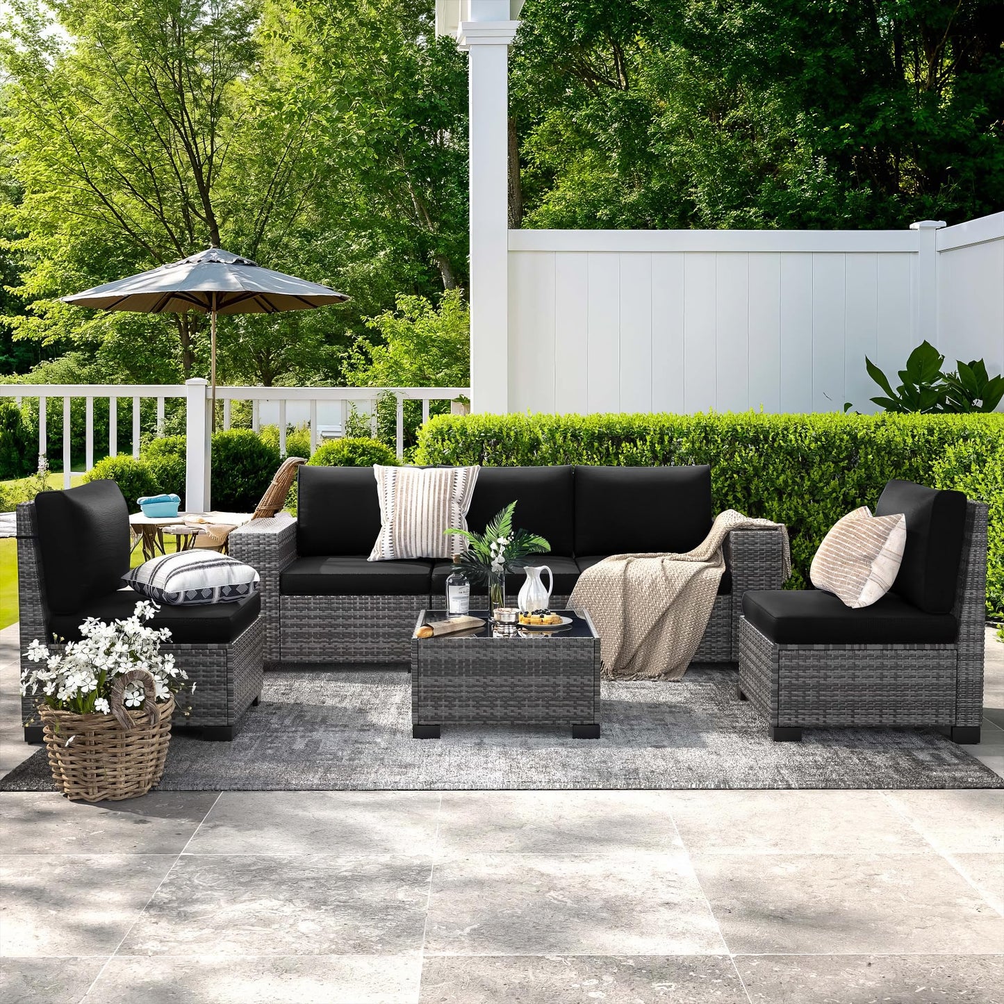 Patio Furniture Set, 6 Pieces Outdoor Sectional Sofa Conversation Sets Modern Wicker Seating Set, 4'' Thickened Cushions 1 Glass Coffee Table for Backyard Poolside, Black