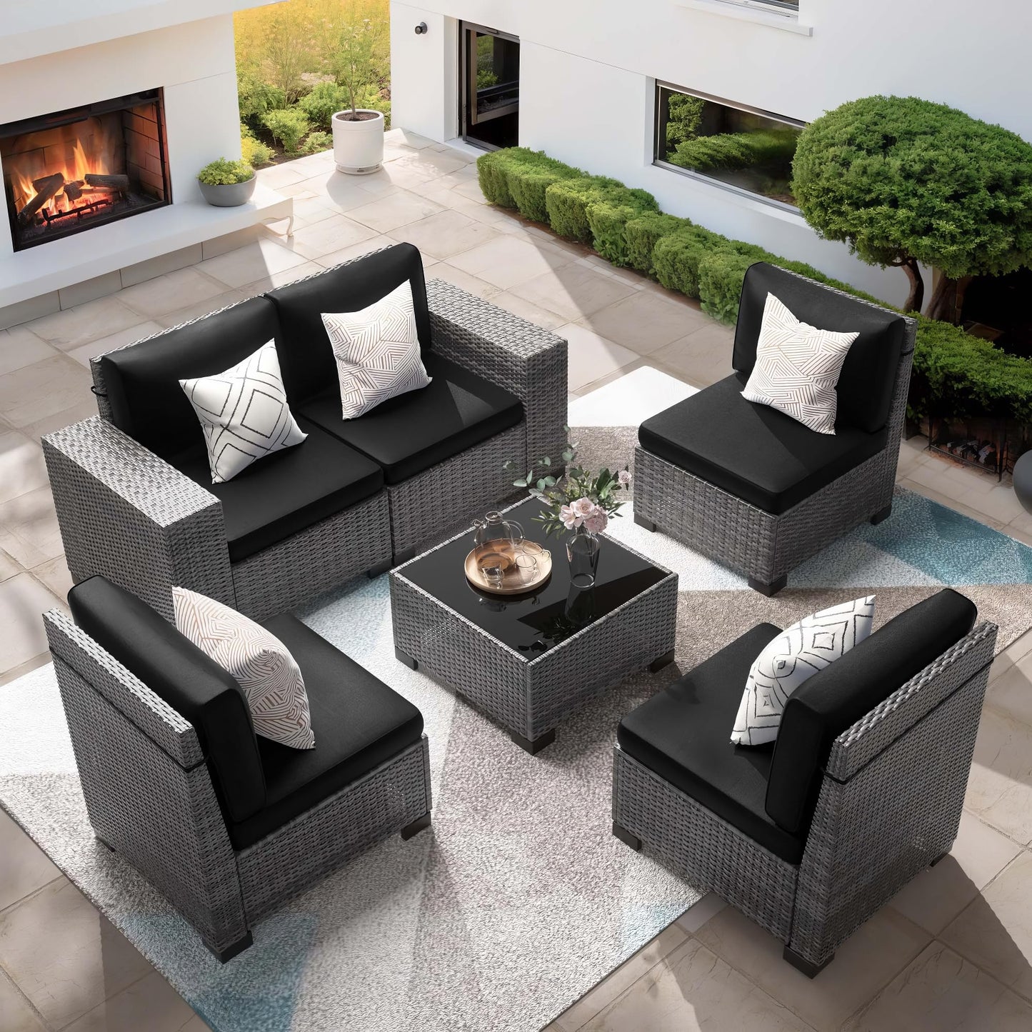 Patio Furniture Set, 6 Pieces Outdoor Sectional Sofa Conversation Sets Modern Wicker Seating Set, 4'' Thickened Cushions 1 Glass Coffee Table for Backyard Poolside, Black