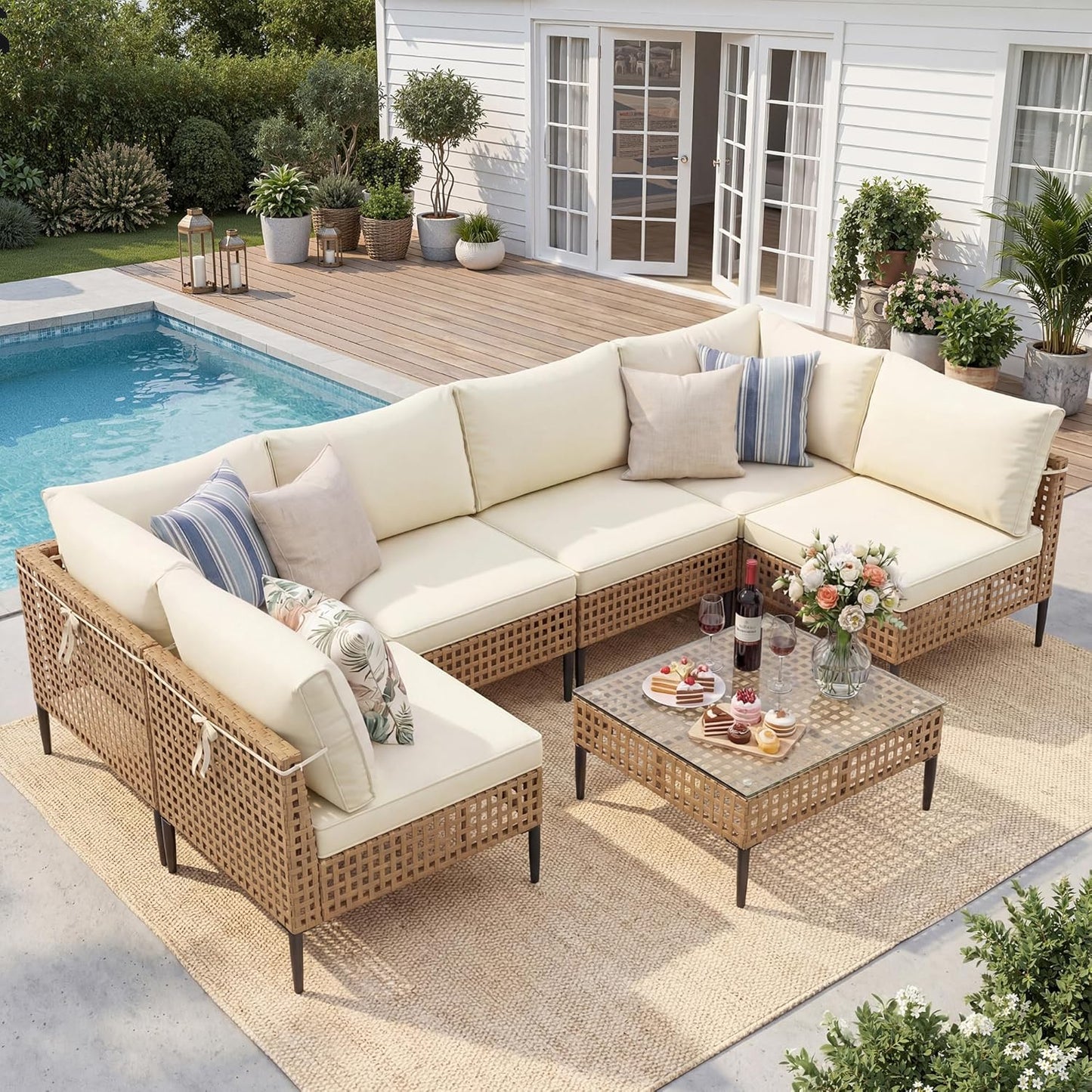7PCS Outdoor Wicker Patio Furniture Set Modular Sectional Sofa with Elevated High Legs All-Weather Rattan Conversation Set with Water Resistant Thick Cushions & Glass Coffee Table for Yard Deck Porch