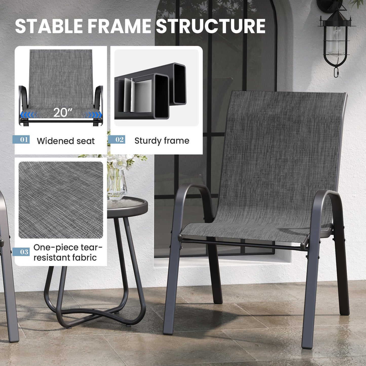 Patio Table And Chairs Set - 3 Piece Outdoor Stackable Dinging Chairs For All Weather,Breathable Garden Furniture For Deck Garden Backyard (Light Grey)