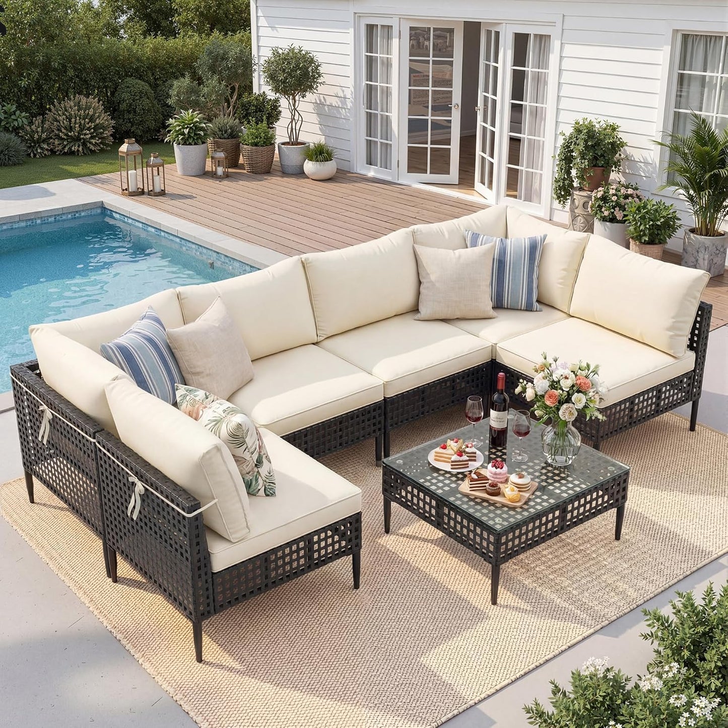 Outdoor Wicker Patio Furniture Set 7PCS Modular Sectional Sofa with Elevated High Legs All-Weather PE Rattan Conversation Set with Water Resistant Thick Cushions & Coffee Table for Yard Deck Porch