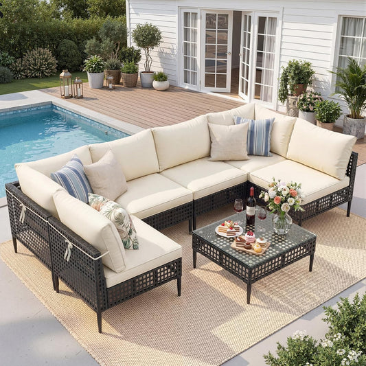 Outdoor Wicker Patio Furniture Set 7PCS Modular Sectional Sofa with Elevated High Legs All-Weather PE Rattan Conversation Set with Water Resistant Thick Cushions & Coffee Table for Yard Deck Porch