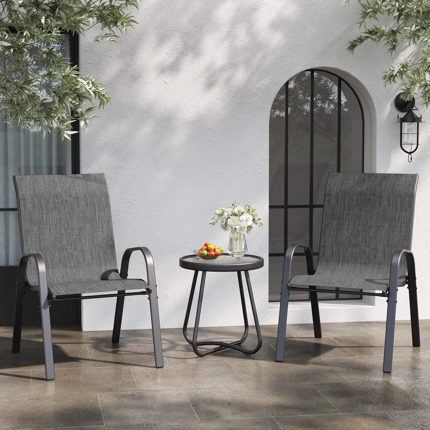 Patio Table And Chairs Set - 3 Piece Outdoor Stackable Dinging Chairs For All Weather,Breathable Garden Furniture For Deck Garden Backyard (Light Grey)