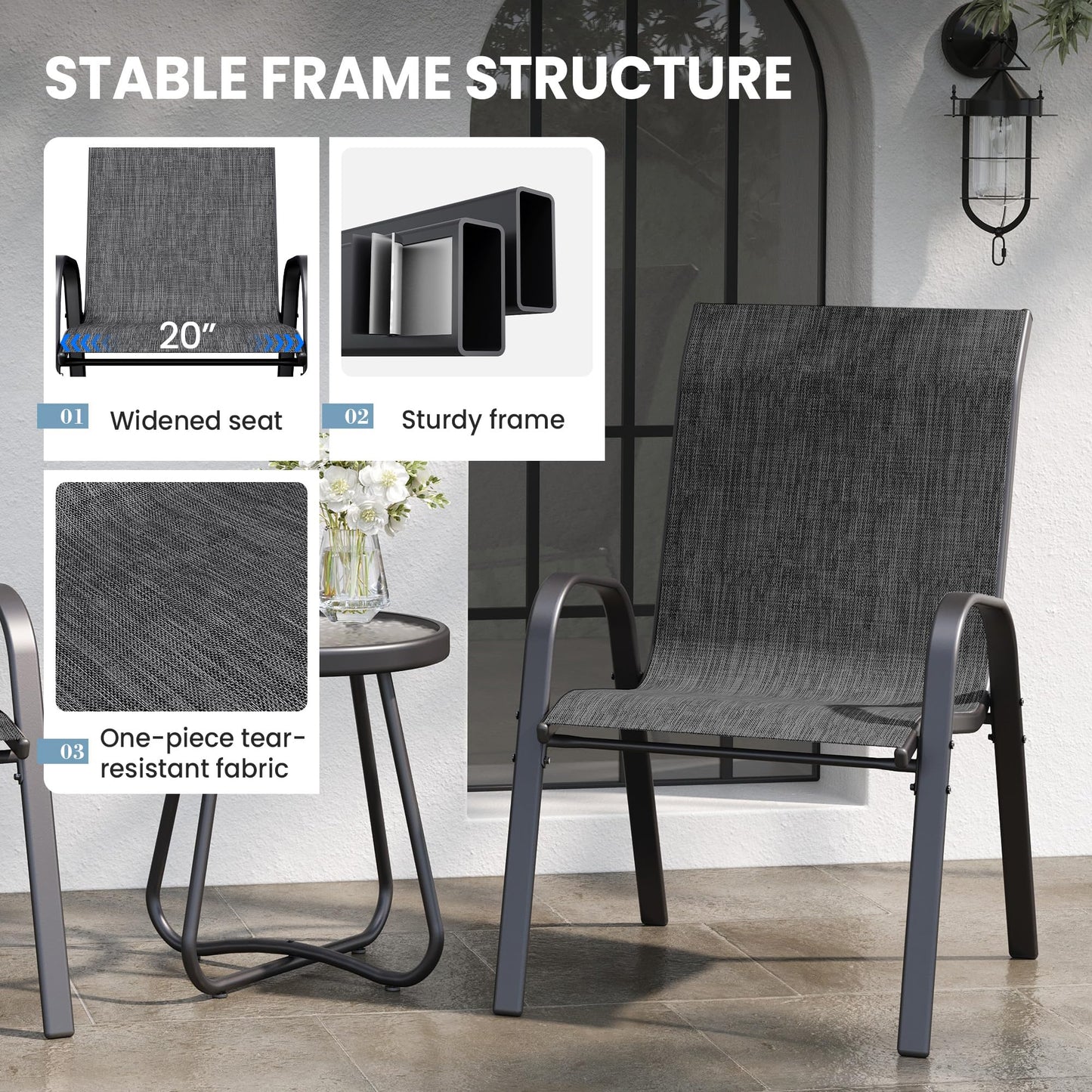 Patio Table and Chairs Set - 3 Piece Outdoor Stackable Dinging Chairs for All Weather,Breathable Garden Furniture for Deck Garden Backyard (Dark Grey)