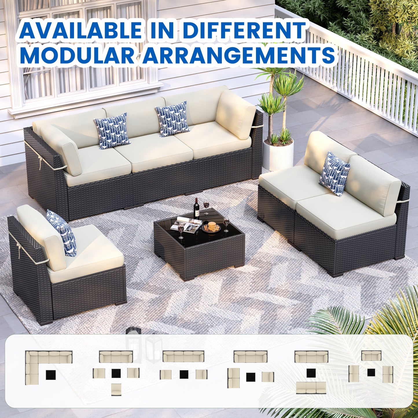 VONZOY Patio Furniture Sets, 7-Piece Outdoor Patio Furniture with Thick Cushions,Coffee Table Outdoor All-Weather Conversation Set Sectional Sofa for Backyard, Poolside, Garden(Khaki)