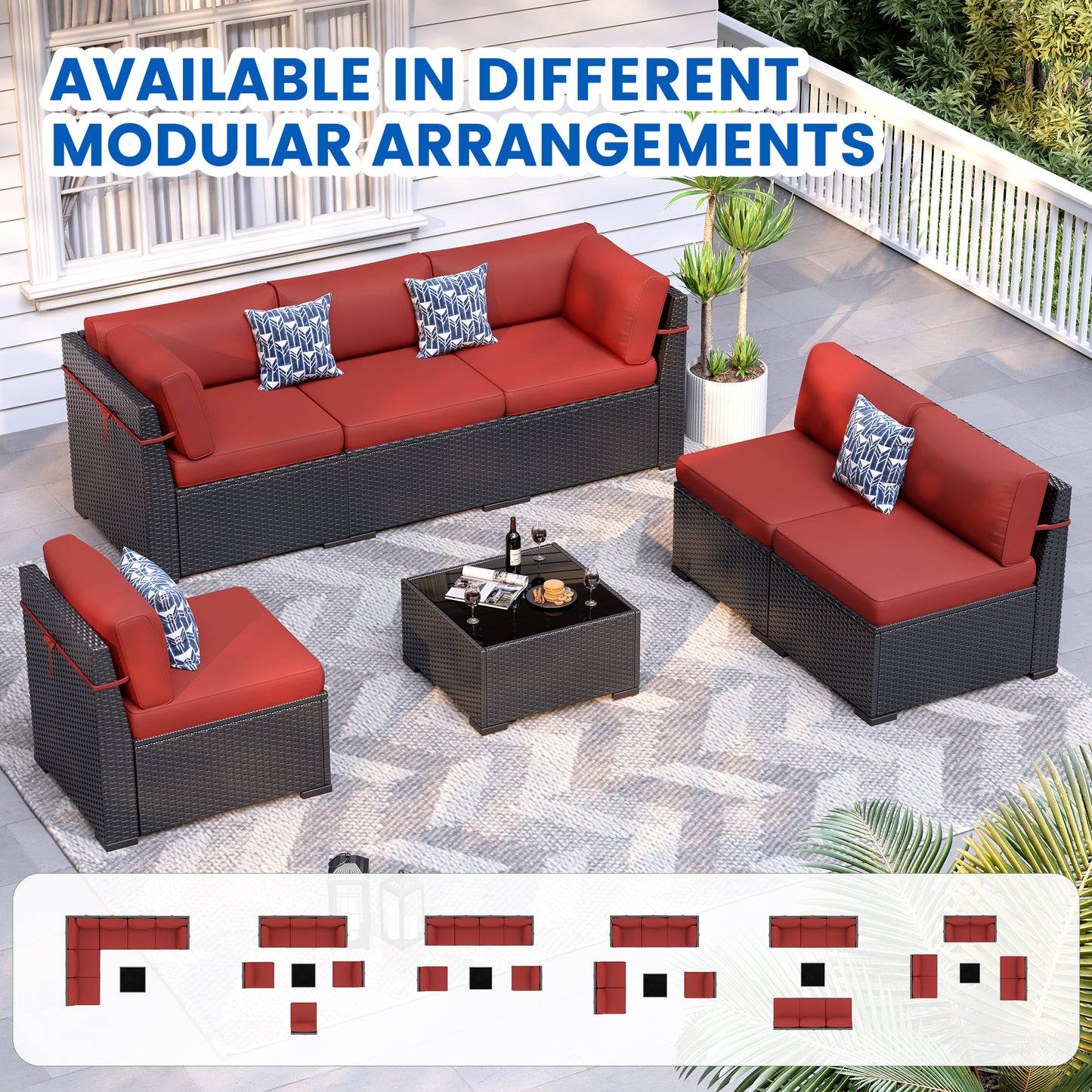 VONZOY Patio Furniture Sets, 7-Piece Outdoor Patio Furniture with Thick Cushions,Coffee Table Outdoor All-Weather Conversation Set Sectional Sofa for Backyard, Poolside, Garden(Wine Red)