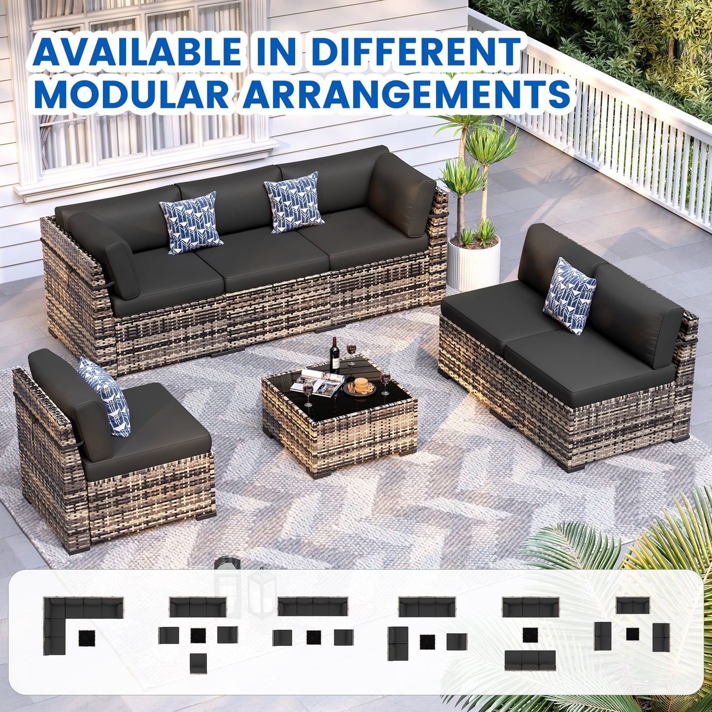 VONZOY 8-Piece Patio Furniture Set with 44” Fire Pit Table - All-Weather Wicker Conversation Sectional Sofa & Coffee Table with Thickened Cushions for Backyard, Garden(Black)