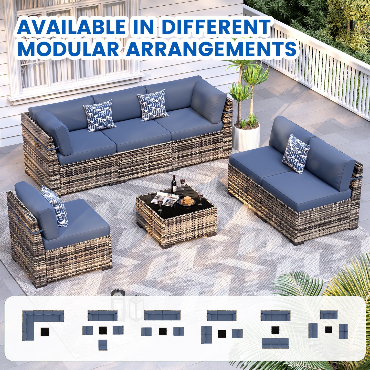 VONZOY 8-Piece Patio Furniture Set with 44” Fire Pit Table - All-Weather Wicker Conversation Sectional Sofa & Coffee Table with Thickened Cushions for Backyard, Garden(Navy Blue)