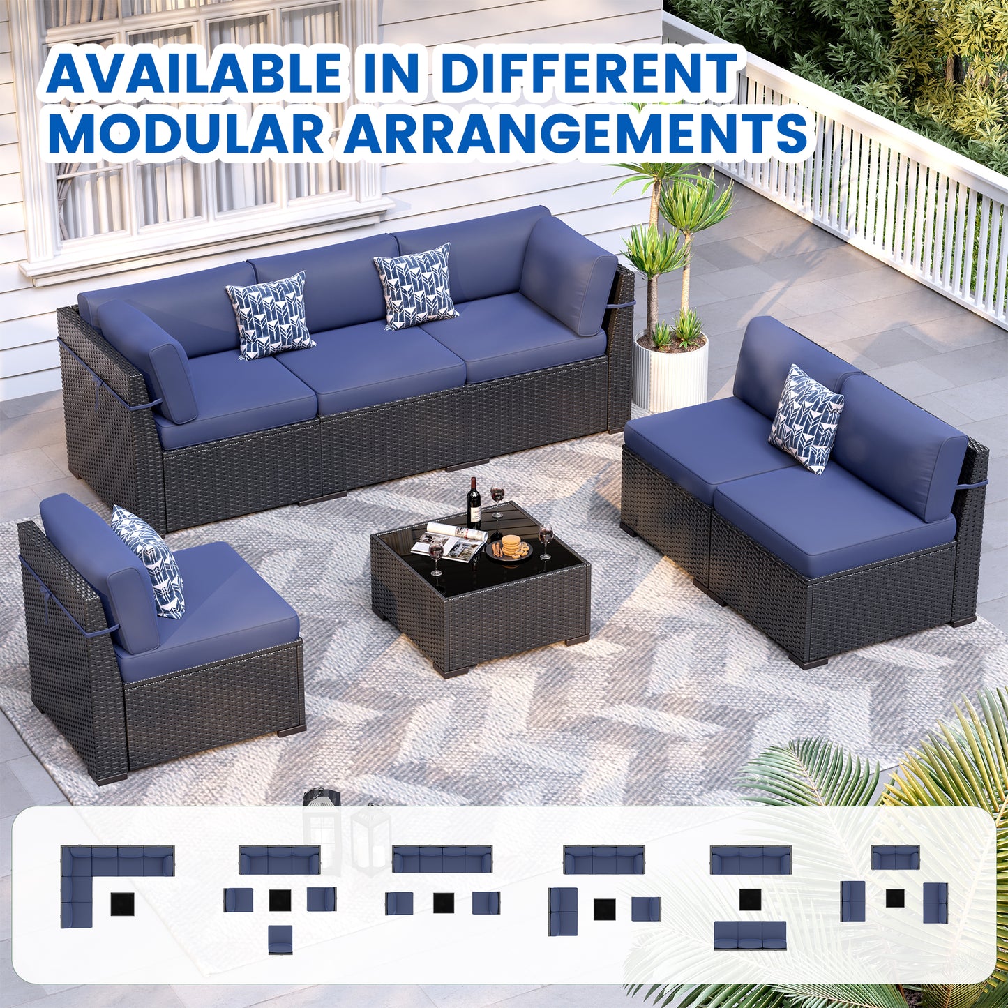VONZOY 8-Piece Patio Furniture Set with 44” Fire Pit Table - All-Weather Wicker Conversation Sectional Sofa & Coffee Table with Thickened Cushions for Backyard, Garden(Navy Blue)