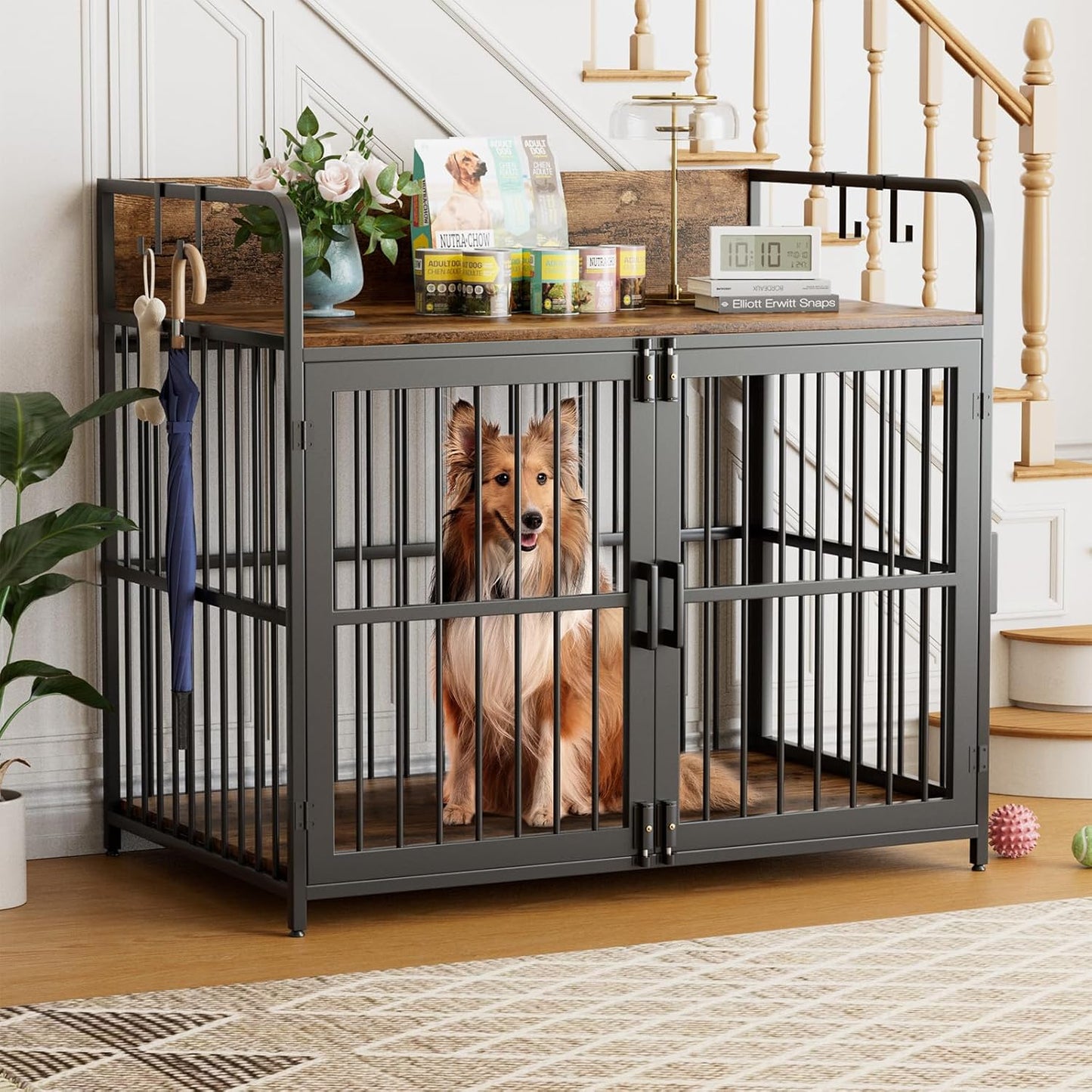 Dog Crate Furniture, 48" Heavy Duty Wooden Dog Crate End Table, XL Dog Kennel Furniture Large Breed, Decorative Dog Kennel Indoor, Double-Door Dog House