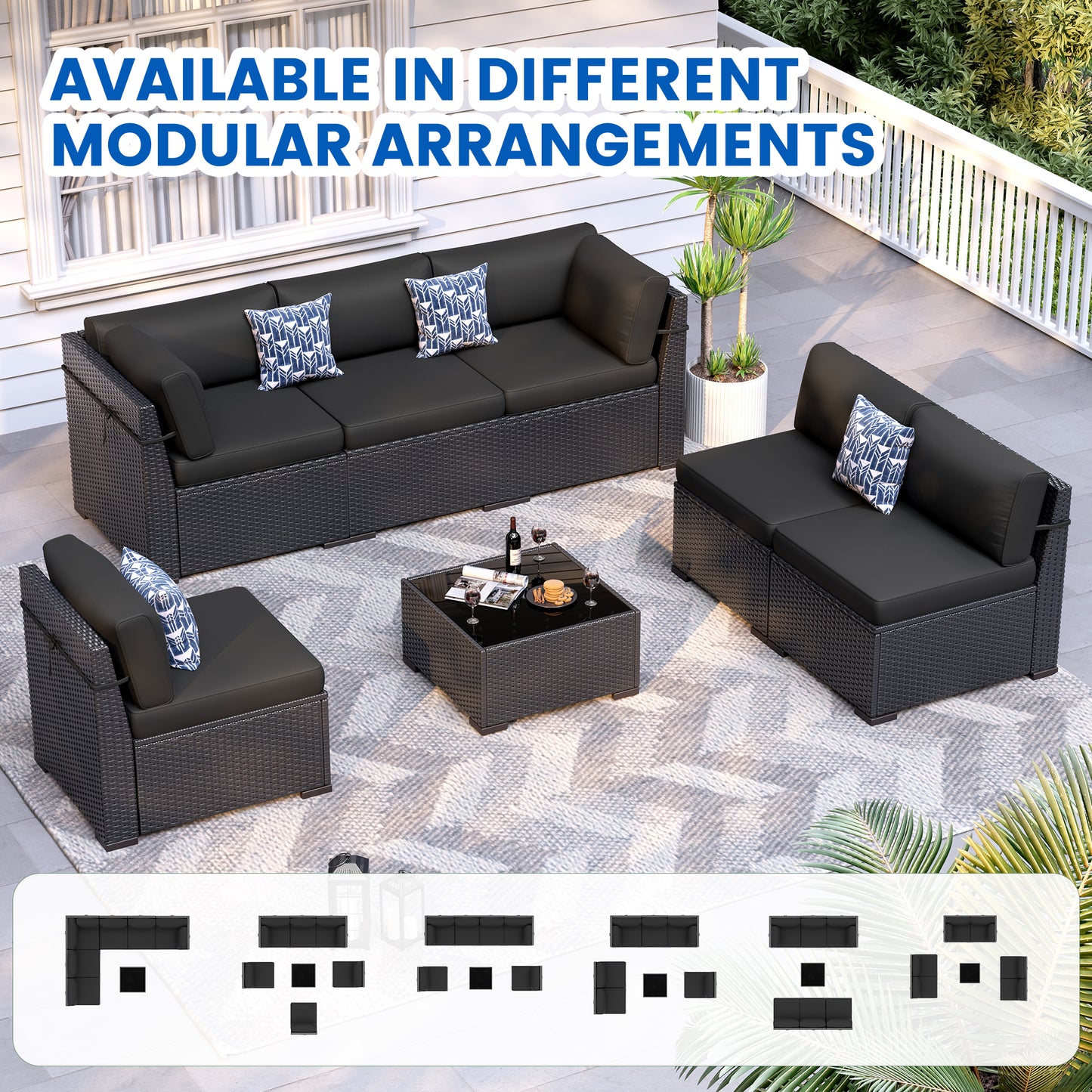 VONZOY Patio Furniture Sets, 7-Piece Outdoor Patio Furniture with Thick Cushions,Coffee Table Outdoor All-Weather Conversation Set Sectional Sofa for Backyard, Poolside, Garden(Black)