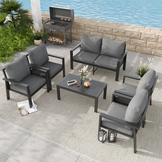 6 Pieces Aluminum Outdoor Patio Furniture Set 6-Seat Deck Furniture Patio Conversation Sets All-Weather Rust-Proof Sectional Sofa Set with Removable Cushion for Balcony, Yard, Poolside,Grey & Grey
