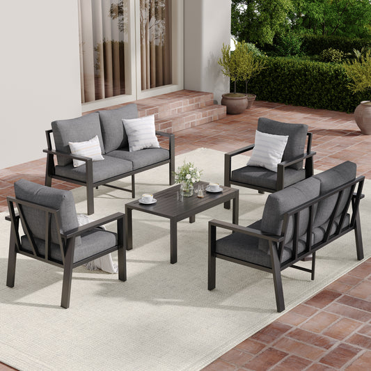 5 Pieces Aluminum Patio Furniture Set Deck Outdoor Furniture 6-Seat Patio Conversation Sets All-Weather Rust-Proof Sectional Sofa Set with Removable Cushion for Deck, Balcony, Yard, Poolside,Grey & Grey