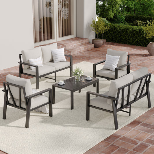 5 Pieces Aluminum Patio Furniture Set Deck Outdoor Furniture 6-Seat Patio Conversation Sets All-Weather Rust-Proof Sectional Sofa Set with Removable Cushion for Deck, Balcony, Yard, Poolside,Grey & Beige