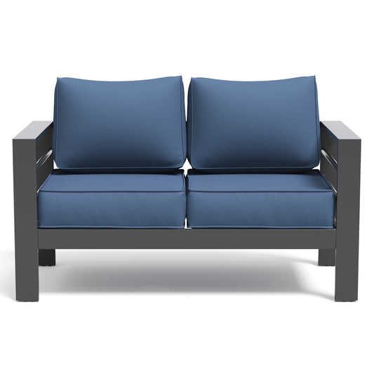Aluminum Patio Furniture Set, Loveseat Outdoor Set with 5 Inch Cushions, Patio Loveseat Sets with Waterproof Covers for Backyard Garden(Grey&Blue)