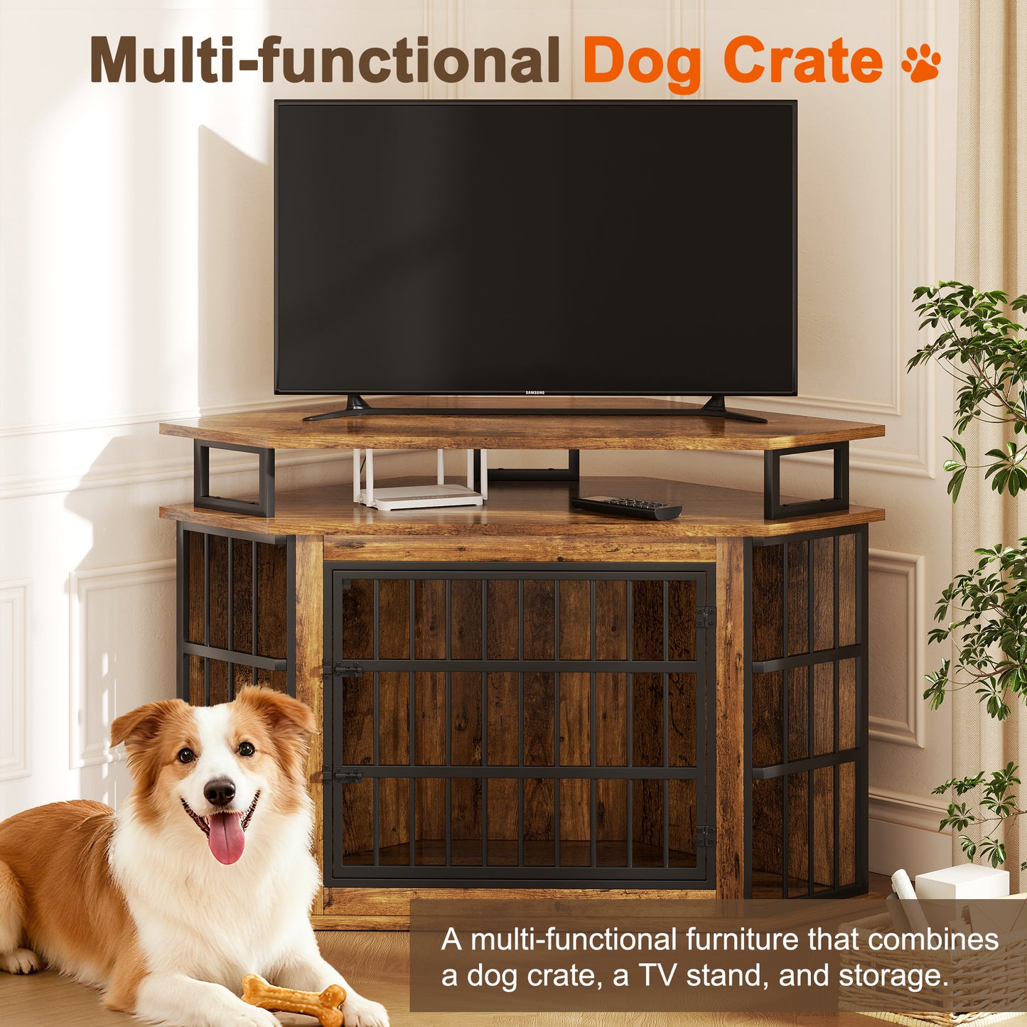 Corner Dog Crate Furniture with 2-Tier Shelves，51" Large Dog Kennel Indoor Wooden End Table, Modern Dog Cage Decorative Pet House TV Stand, Rustic Brown