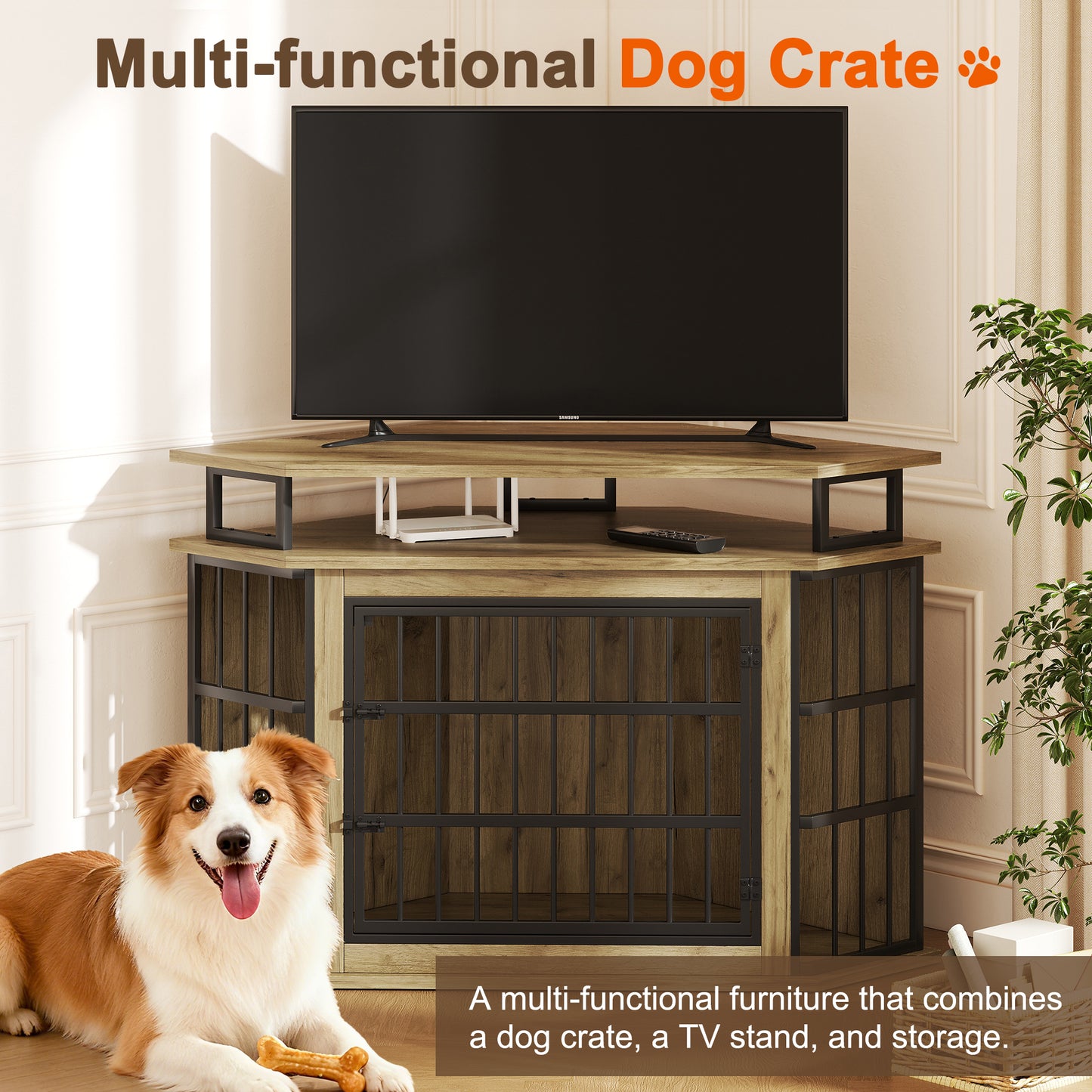 51" Corner Dog Crate Furniture, Wooden Dog Kennel Furniture with 2-Tier Shelves, Decorative Wood Dog House for Small/Medium/Large Dog, Space-Saving Dog Cage for TV Stand
