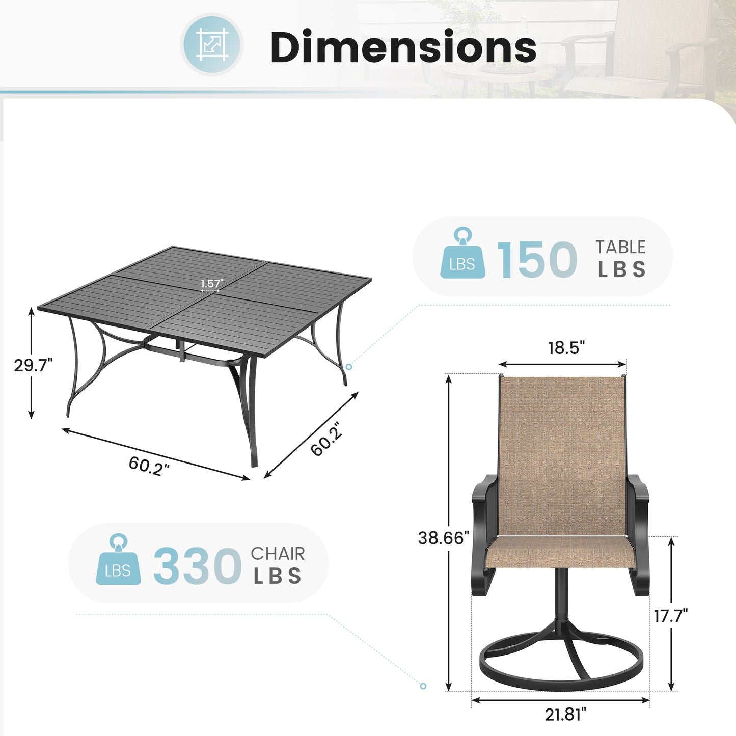 VONZOY 9 Pieces Patio Dining Set, Patio Outdoor Furniture Set of 8 Patio Swivel Dining Chairs and 60" Patio Spliced Square Tabletop with Umbrella Hole, for Deck, Backyard, Poolside & Garden