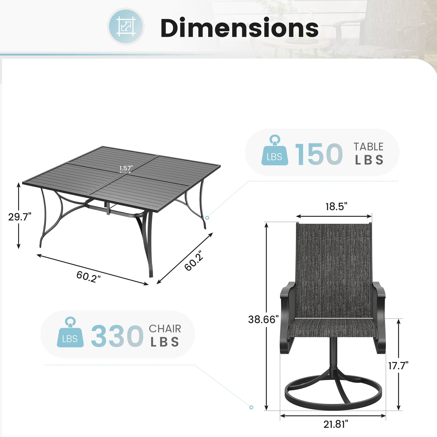 VONZOY 9 Pieces Patio Dining Set, Patio Outdoor Furniture Set of 8 Patio Swivel Dining Chairs and 60" Patio Spliced Square Tabletop with Umbrella Hole, for Deck, Backyard, Poolside & Garden