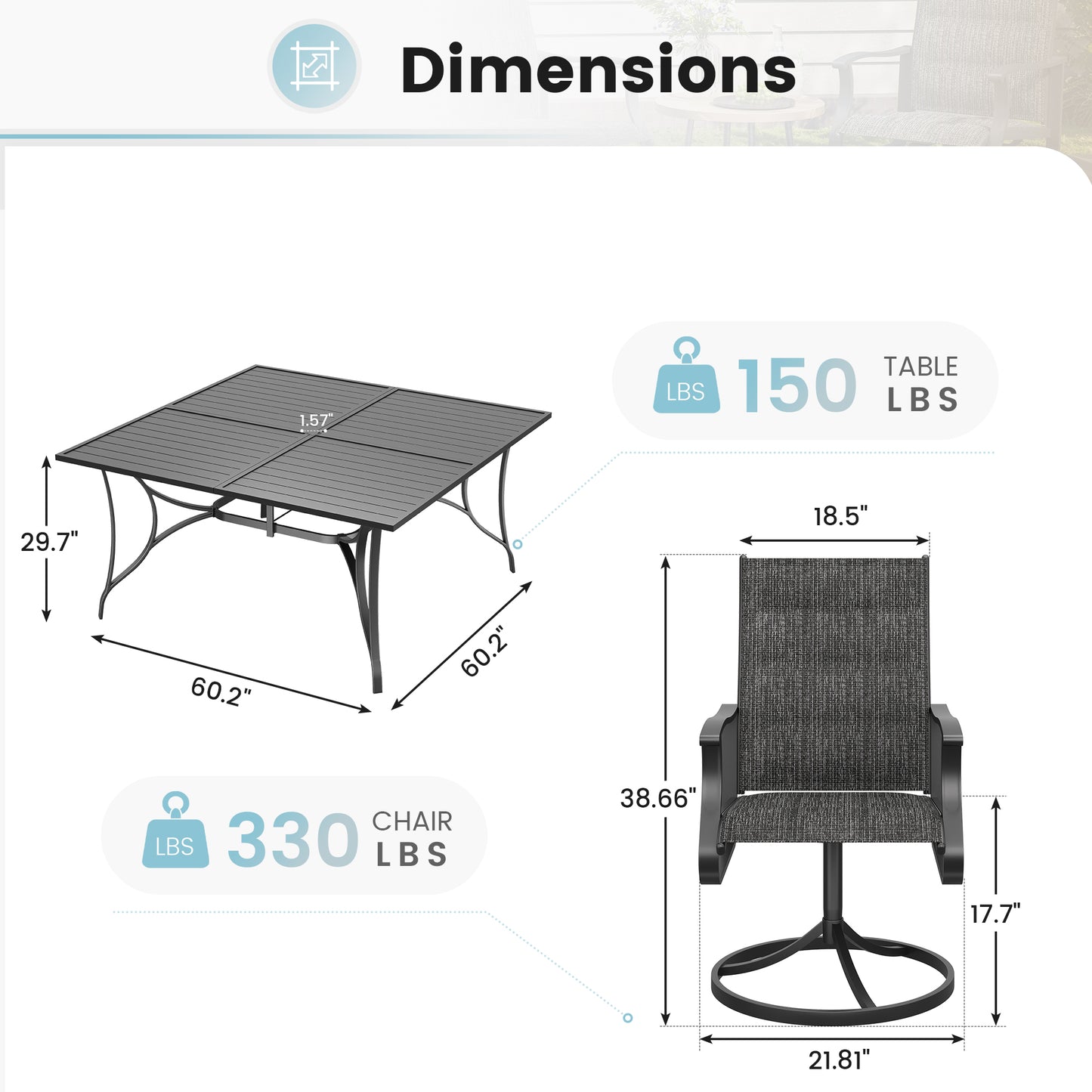 VONZOY 9 Pieces Patio Dining Set, Padded Patio Outdoor Furniture Set of 8 Patio Swivel Dining Chairs and 60" Patio Spliced Square Tabletop with Umbrella Hole, for Deck, Backyard, Poolside & Garden