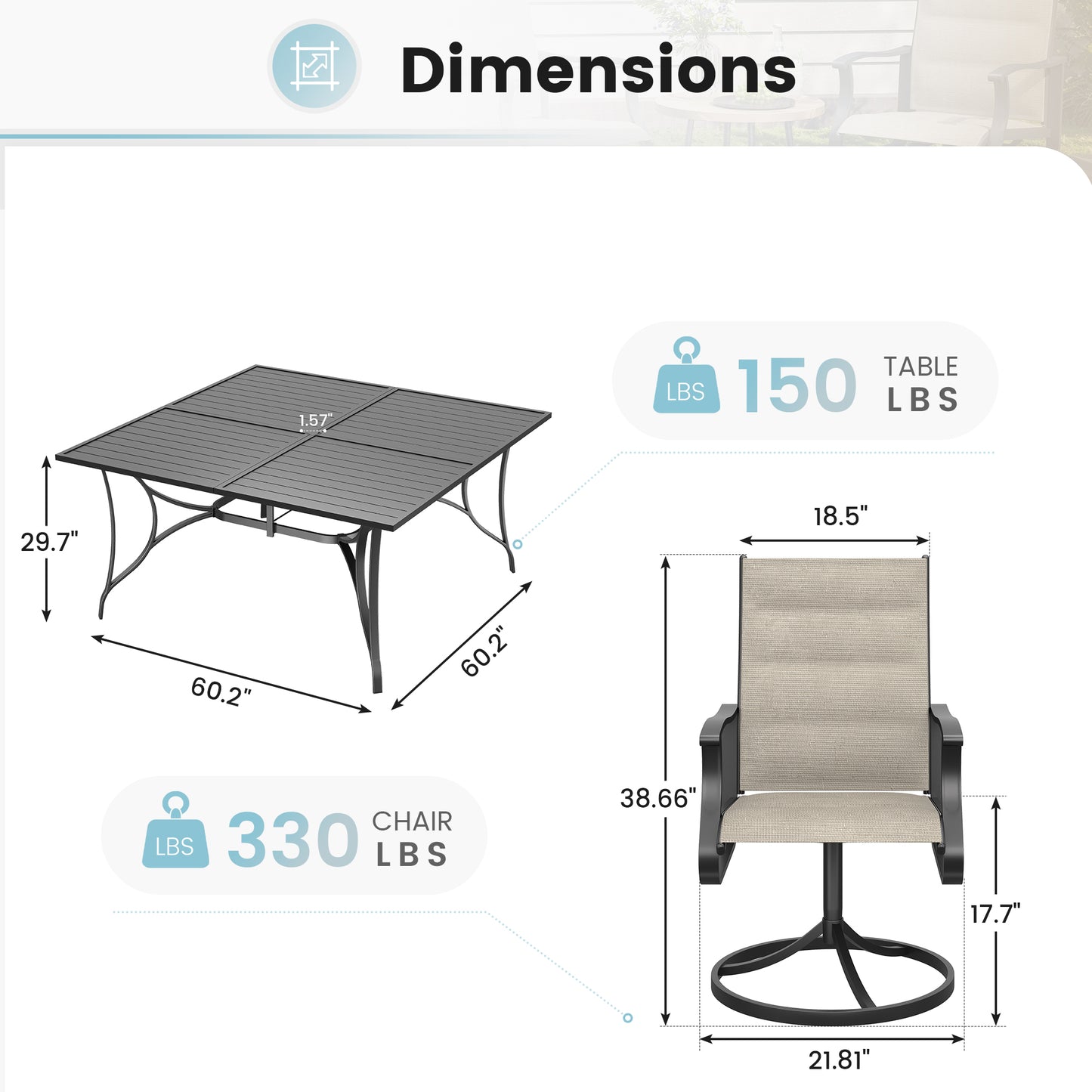 VONZOY 9 Pieces Patio Dining Set, Padded Patio Outdoor Furniture Set of 8 Patio Swivel Dining Chairs and 60" Patio Spliced Square Tabletop with Umbrella Hole, for Deck, Backyard, Poolside & Garden