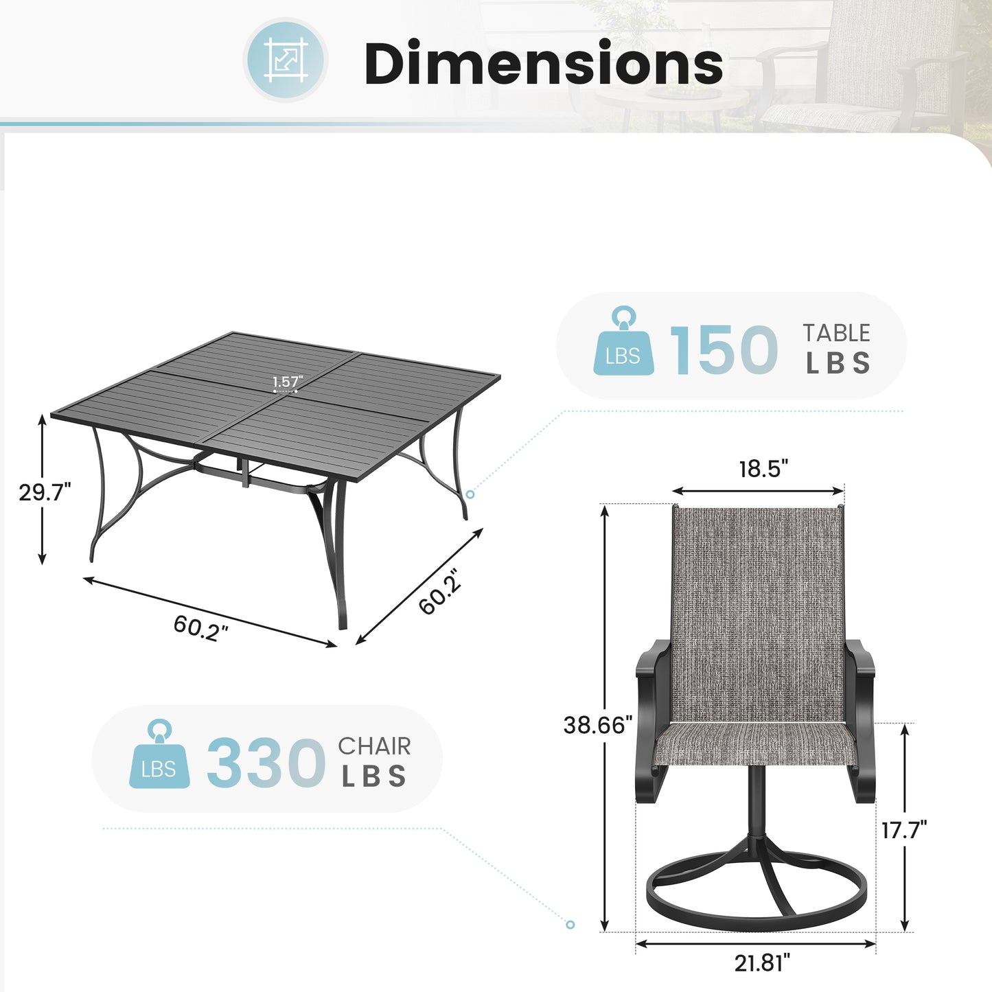 VONZOY 9 Pieces Patio Dining Set, Patio Outdoor Furniture Set of 8 Patio Swivel Dining Chairs and 60" Patio Spliced Square Tabletop with Umbrella Hole, for Deck, Backyard, Poolside & Garden