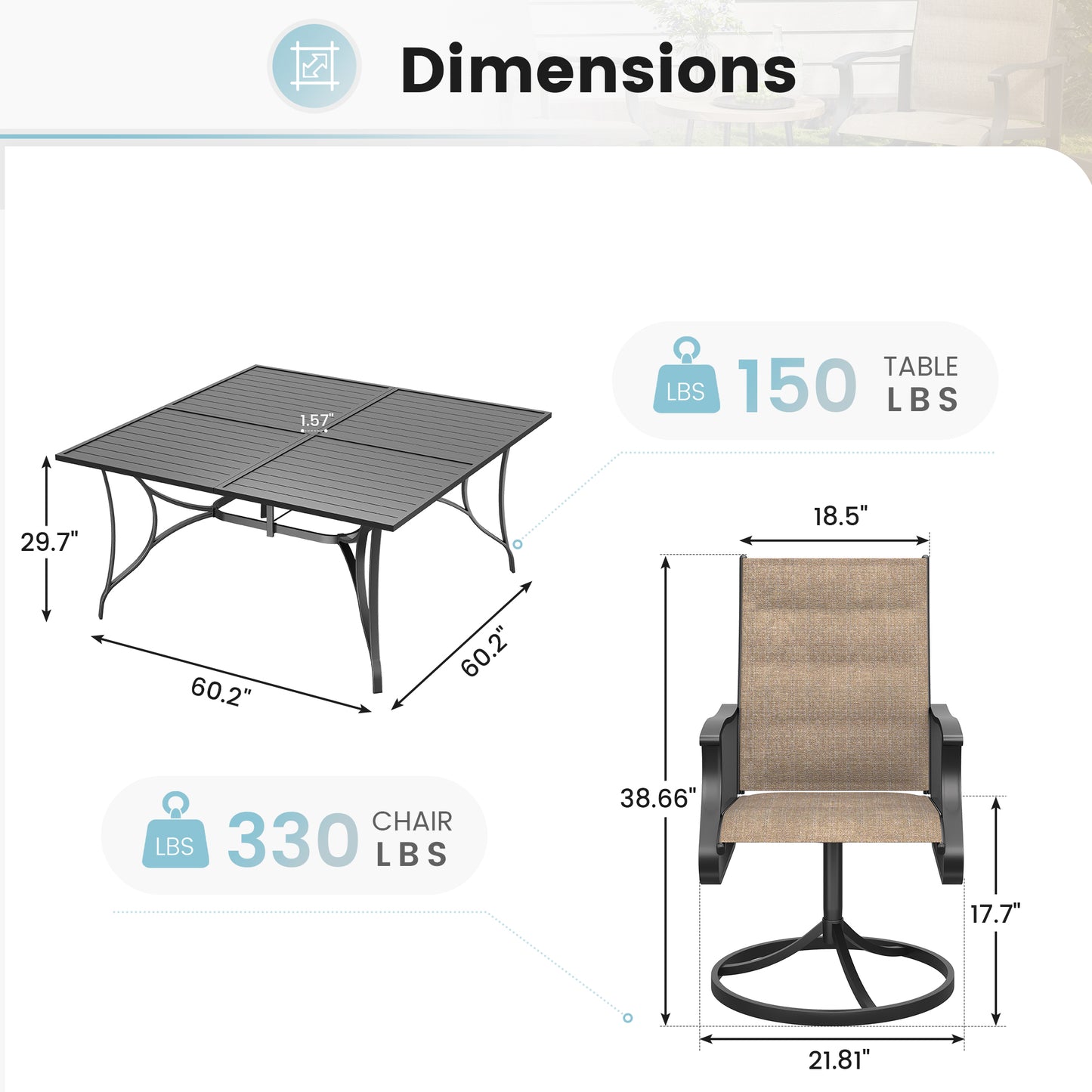 VONZOY 9 Pieces Patio Dining Set, Padded Patio Outdoor Furniture Set of 8 Patio Swivel Dining Chairs and 60" Patio Spliced Square Tabletop with Umbrella Hole, for Deck, Backyard, Poolside & Garden