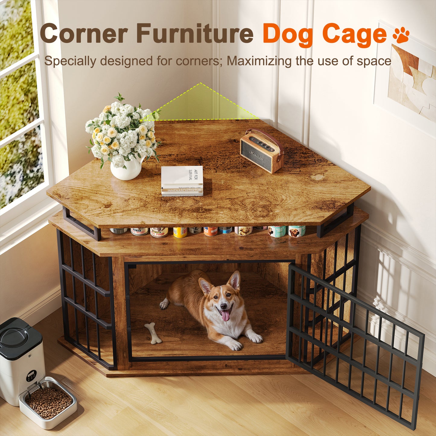 Corner Dog Crate Furniture with 2-Tier Shelves，51" Large Dog Kennel Indoor Wooden End Table, Modern Dog Cage Decorative Pet House TV Stand, Rustic Brown