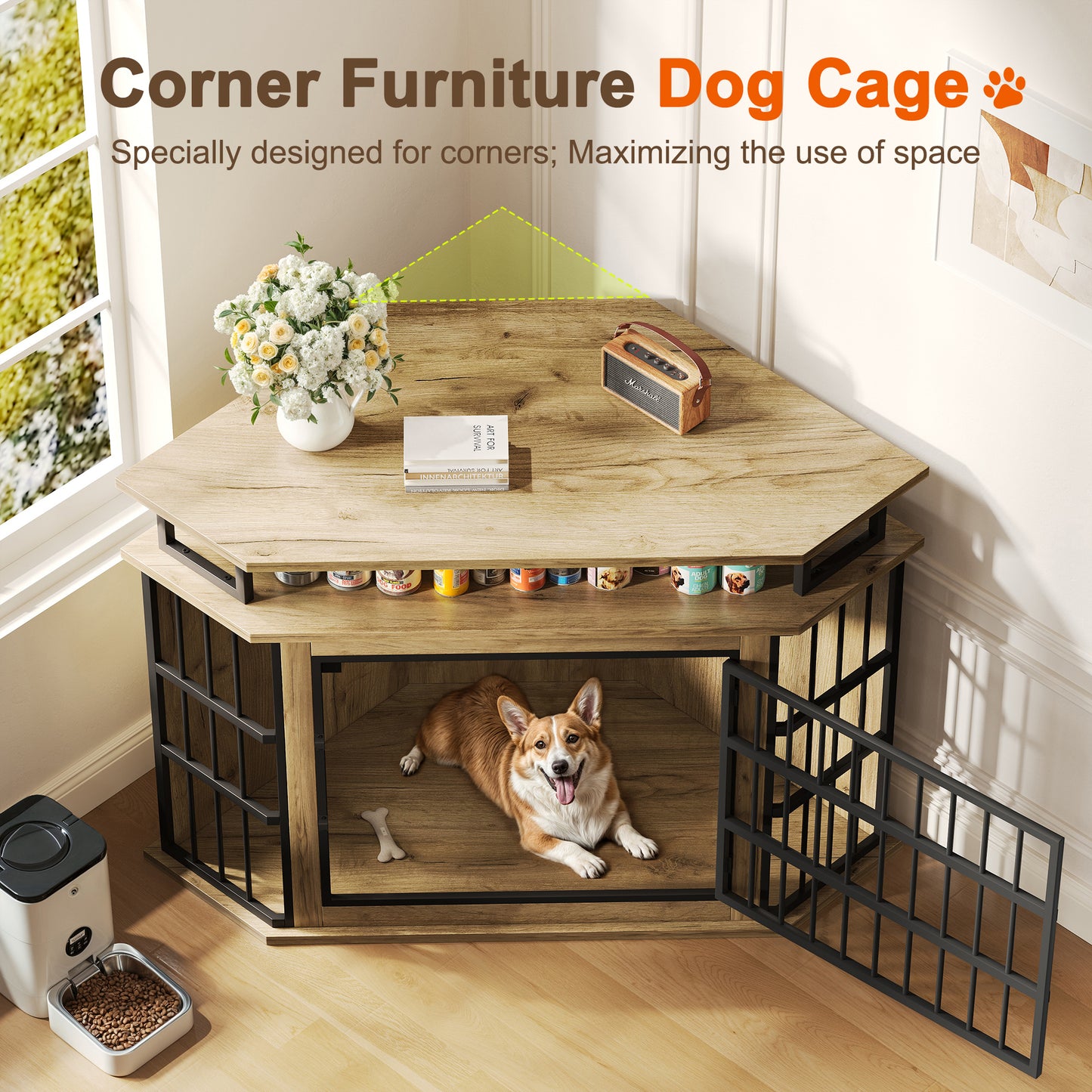 51" Corner Dog Crate Furniture, Wooden Dog Kennel Furniture with 2-Tier Shelves, Decorative Wood Dog House for Small/Medium/Large Dog, Space-Saving Dog Cage for TV Stand