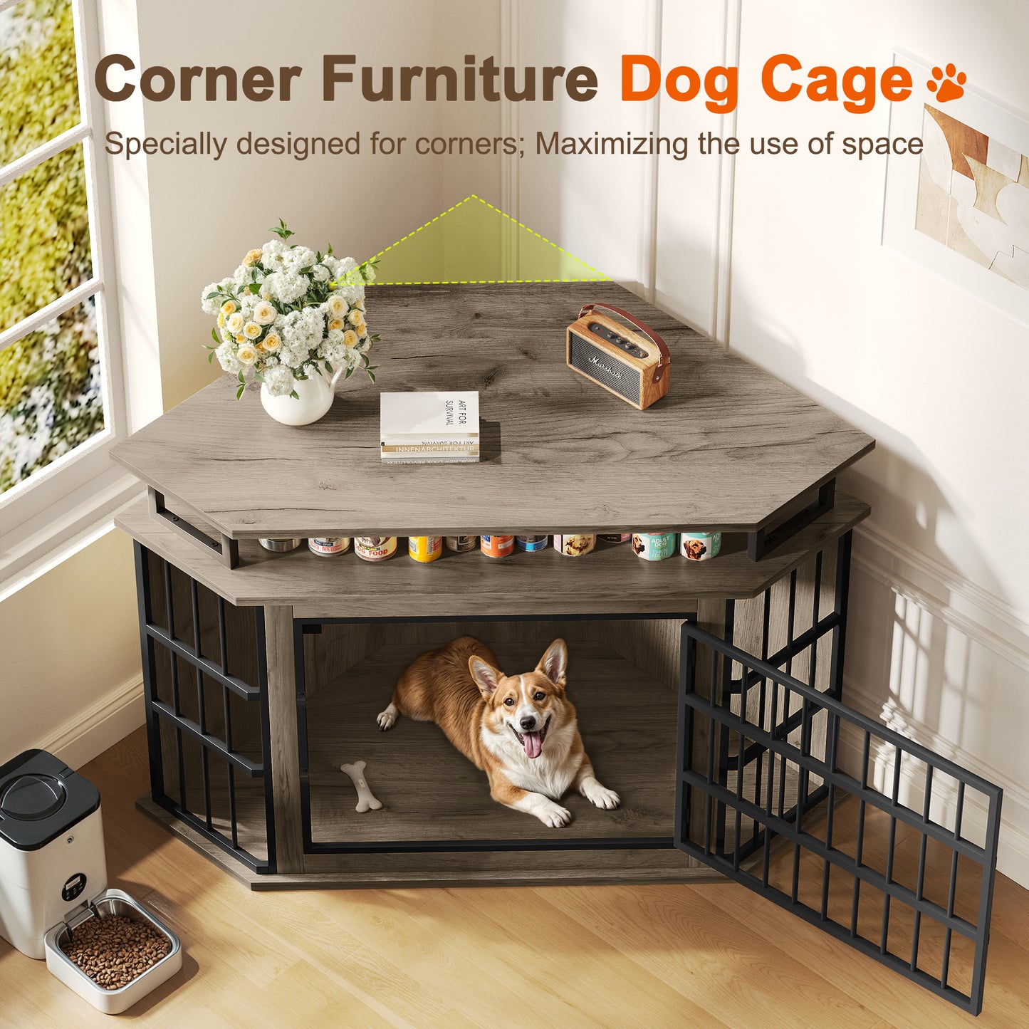 Corner Dog Crate Furniture with 2-Tier Shelves，51" Large Dog Kennel Indoor Wooden TV Stand, Modern Dog Cage Decorative Pet House