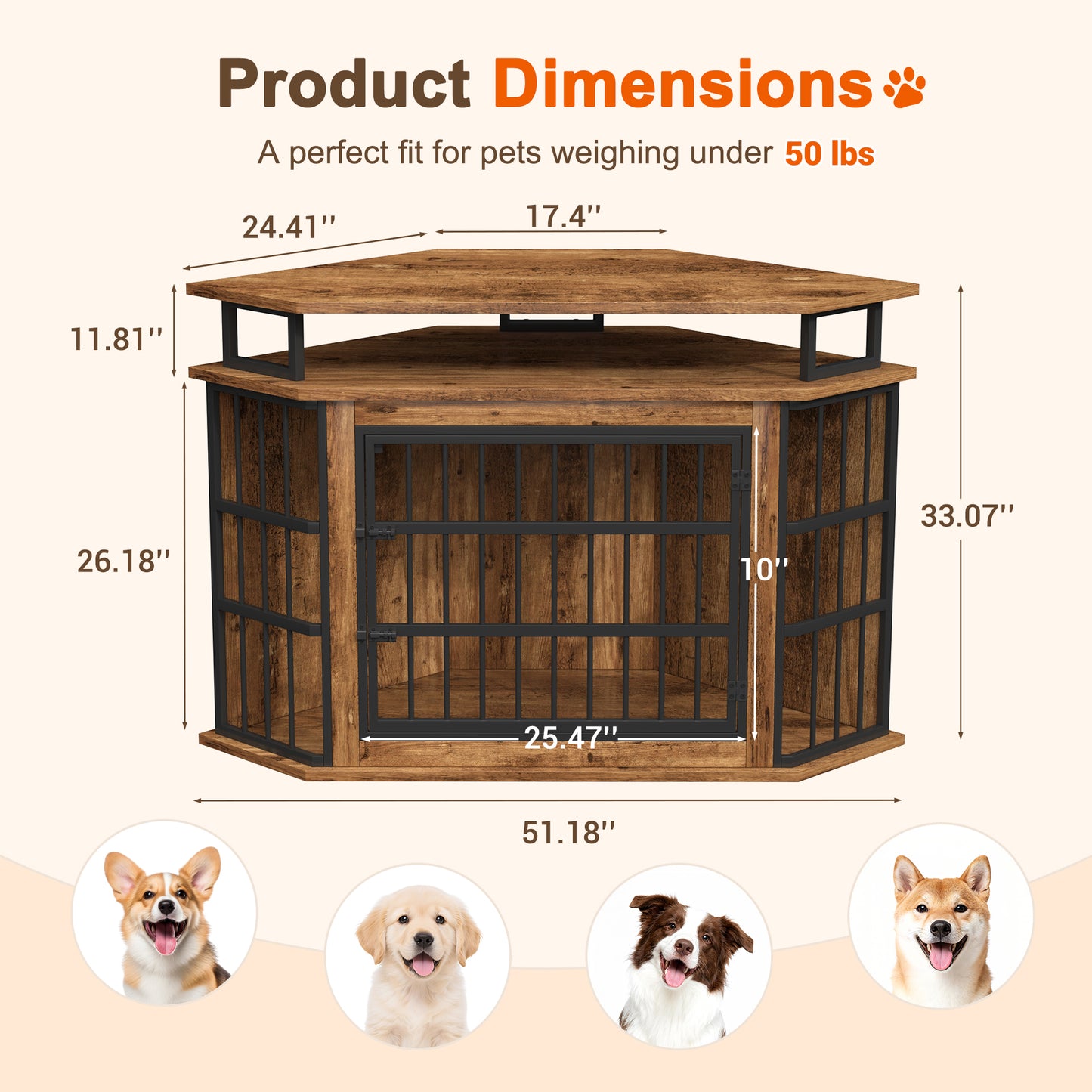 Corner Dog Crate Furniture with 2-Tier Shelves，51" Large Dog Kennel Indoor Wooden End Table, Modern Dog Cage Decorative Pet House TV Stand, Rustic Brown